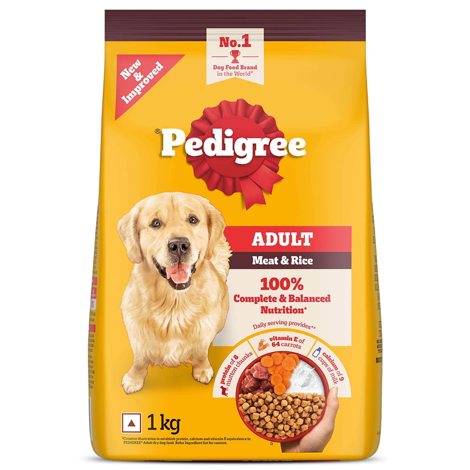 Pedigree Adult Dry Dog Food, Meat & Rice, 1 kg, Contains 37 Essential Nutrients, 100% Complete & Balanced Food for Adult Dogs