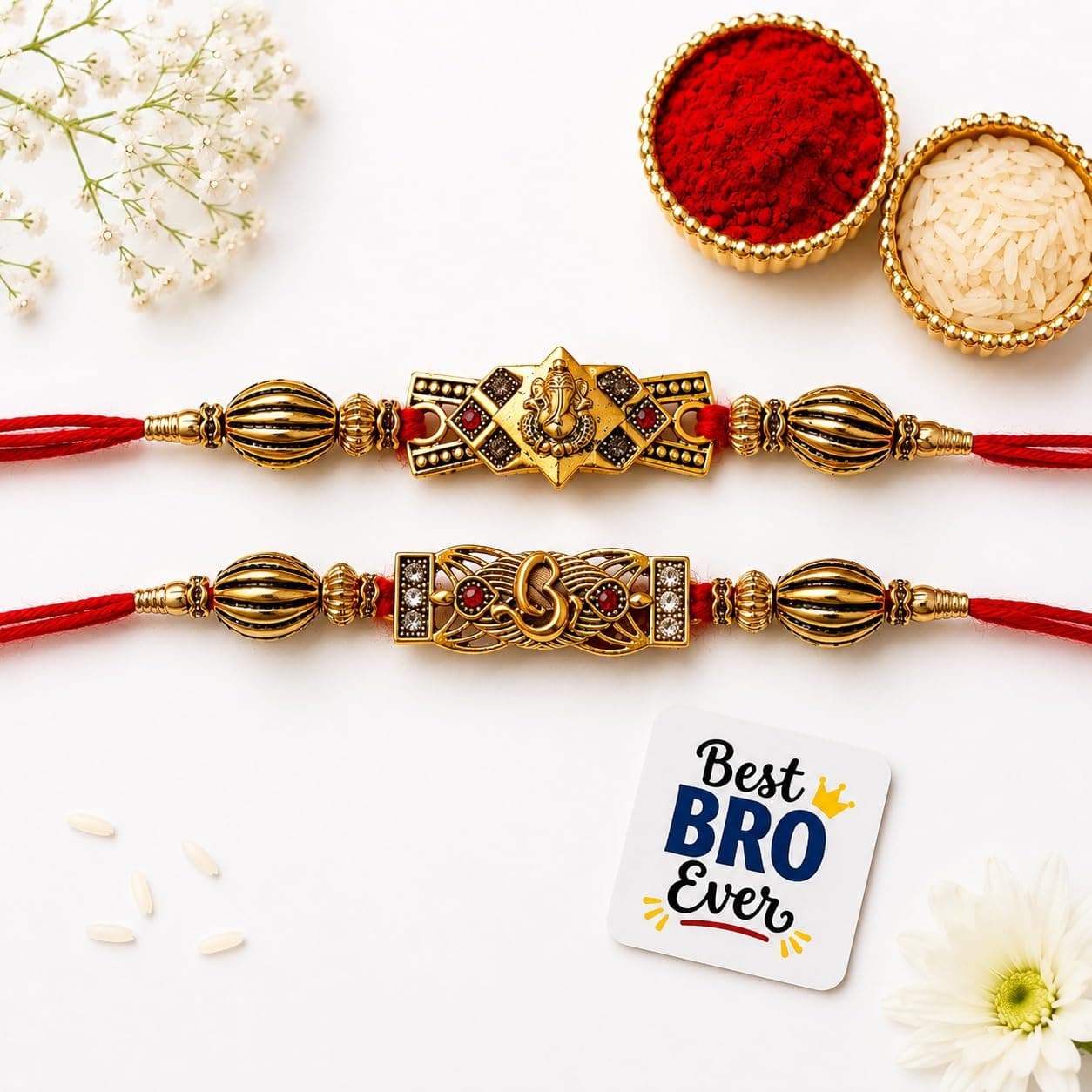 eCraftIndia Set of 2 Lord Ganesha and Om Religious Rakhis, Best Bro Ever Fridge Magnet with Roli Chawal Pack - Rakhi for Brother, Bhaiya, Bhai