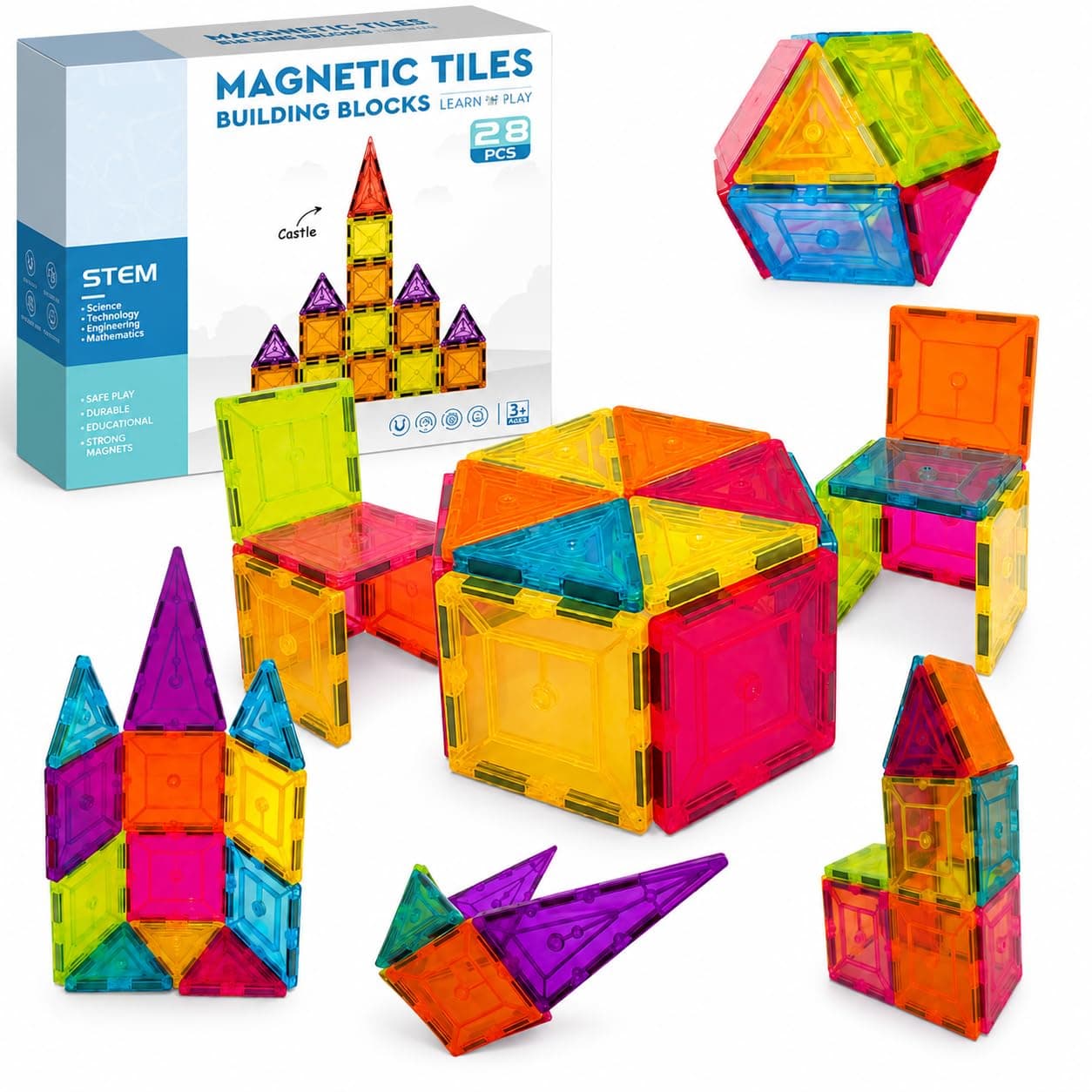 Sky Tech® Magnetic Tiles for Kids Magnetic Building Blocks for Kids 3 4 5 6 7 8 Yrs Constructing & Creative Learning Educational Brain Toys STEM Learning Kit Magnetic Toys (28 Pcs)
