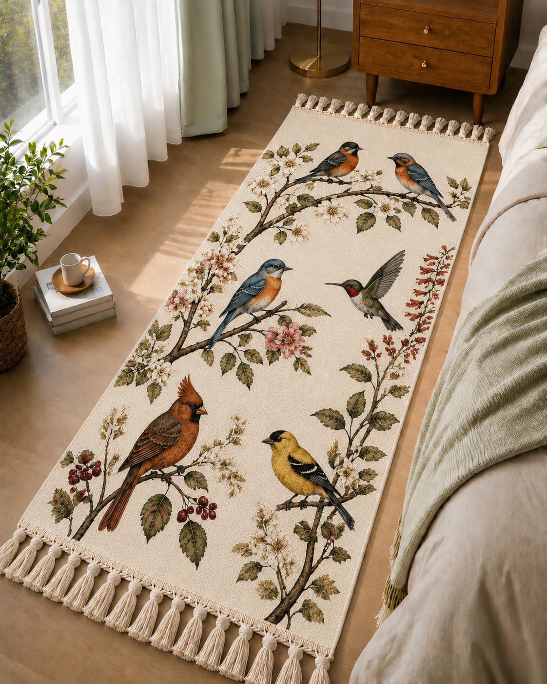 GLOFY Printed Cotton Bedside Runner Rug Carpet 2x5 Feet (60 x 152 cm) | Machine Washable | Soft Floor Runner Carpet for Bedroom, Hallway, Living Room & Entryway - Heritage Songbird