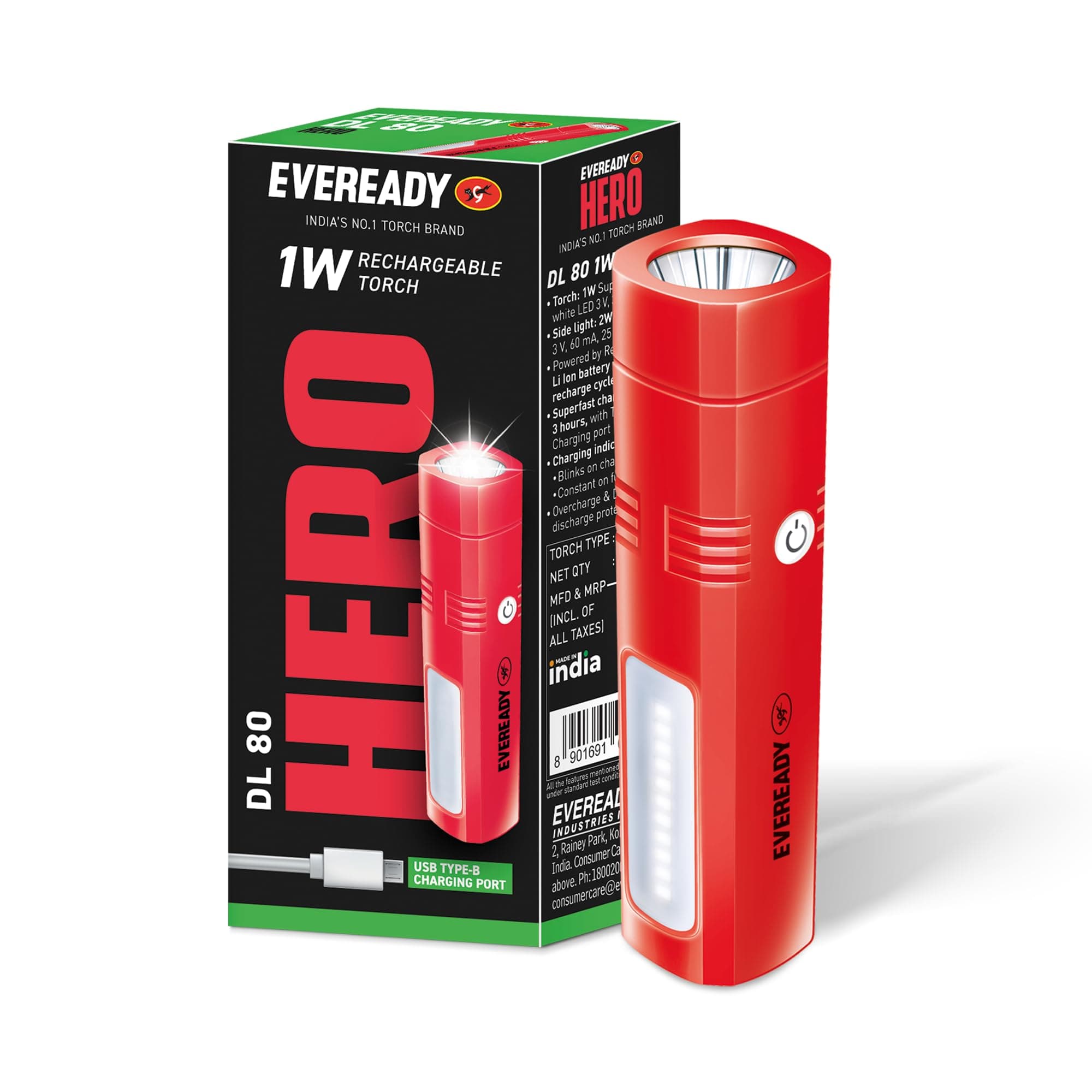 EVEREADY Hero DL80, Rechargeable 1W LED Torch Cum Emergency 2W Sidelight