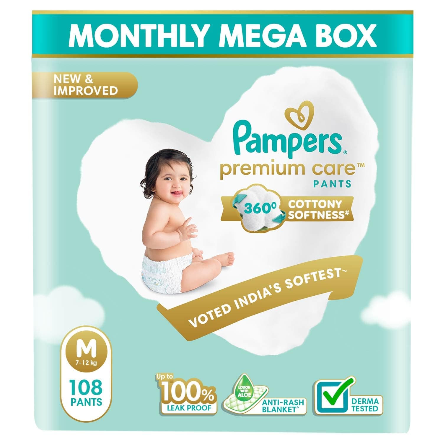 Pampers Premium Care Diaper | Pant Style Baby Diapers Medium Size, 108 Count | 360 Cotton Softness Diaper |Anti Rash Diaper with Aloe Vera and 100% Leak Proof Protection | (54 Count, Pack of 2)