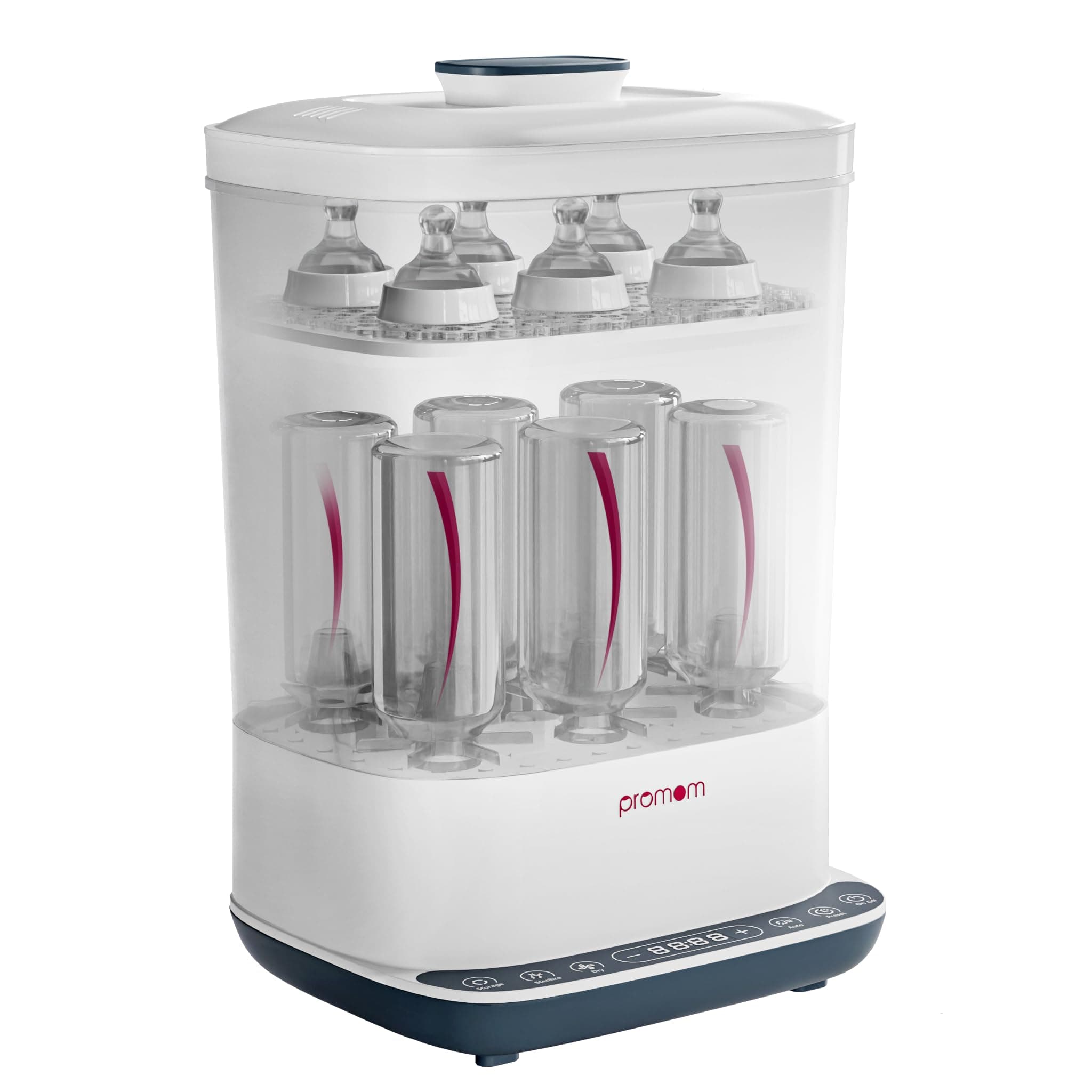 PROMOM 6-in-1 Baby Bottle Sterilizer & Dryer with Air Filter & LED Controls | Kills 99.9%* Germs in 10 min Cycle | Quick Drying & Storage | Stays Sterile Upto 72hrs*,multicolor, STANDARD WARRANTY PACK ( 1 Year Warranty )
