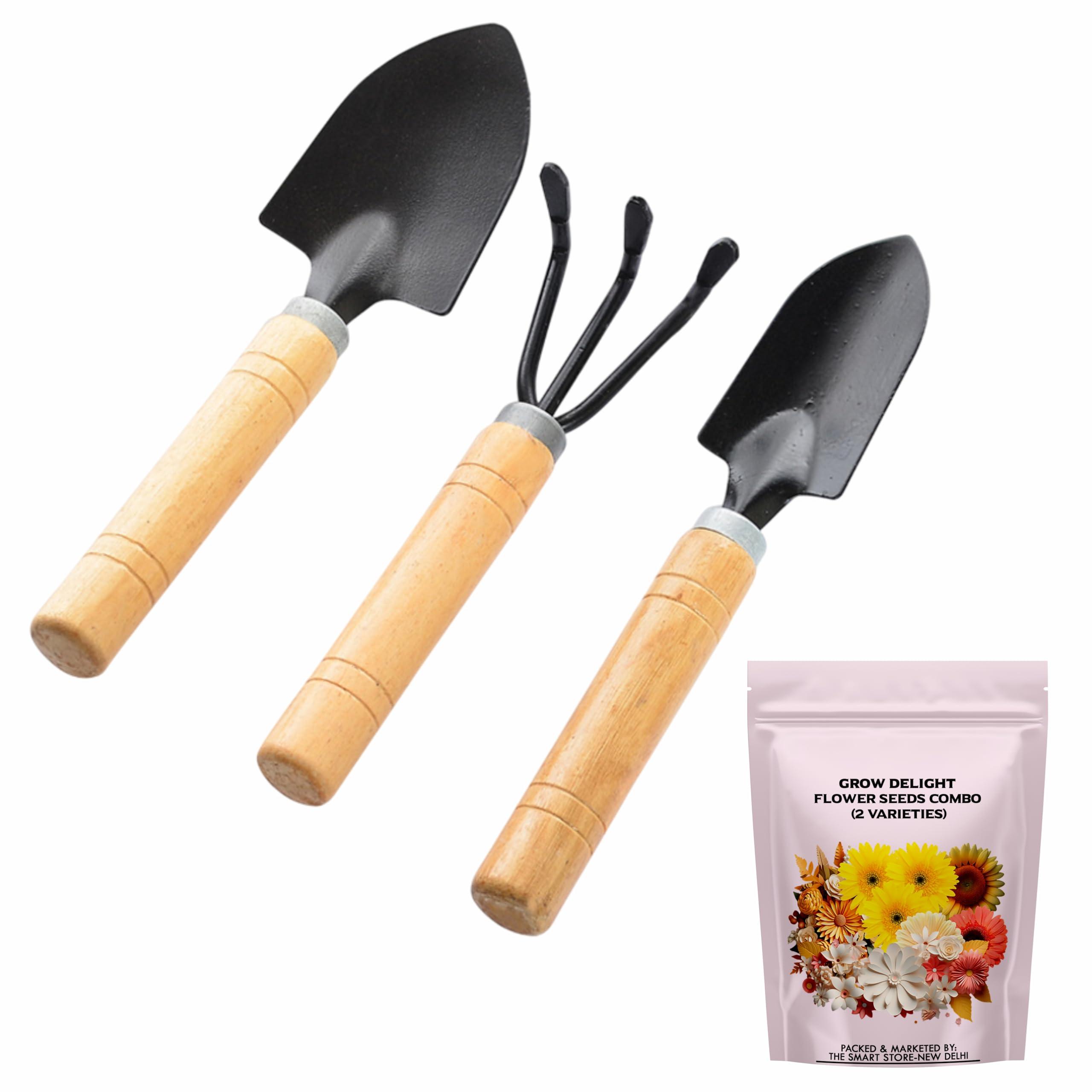 GROW DELIGHT Gardening Tools Kit-4 Pcs (Cultivator, Small Trowel, Big Trowel,Flower Seeds Packet)|Mini Gardening Tools | Home Gardening Tool Set