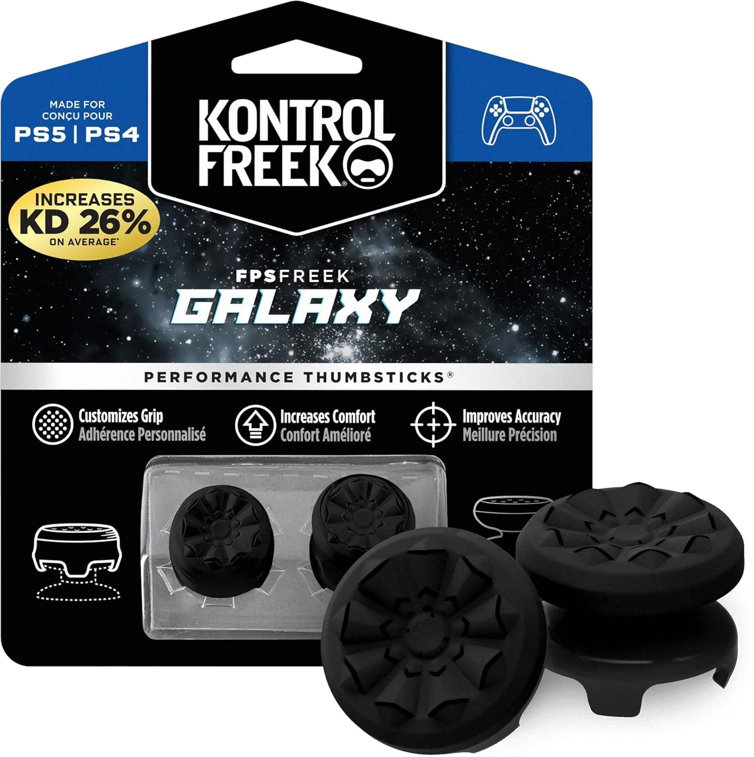 Meyaar FPS Freek Galaxy Joystick Cap Cover for PlayStation 4 (PS4) and PlayStation 5 (PS5) | Performance Thumbsticks for PS5 & PS4 Joystick Cover Cap | 1 High-Rise, 1 Mid-Rise (Black)
