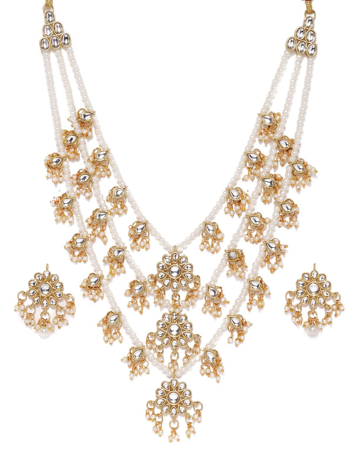 ZAVERI PEARLS Ethnic Kundan & Pearls Multi Layers Bridal Necklace Set For Women-ZPFK8689