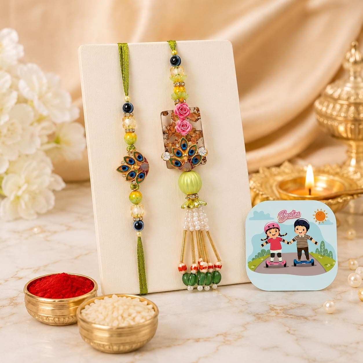 CraftVatika Designer Rakhi Set for Brother Bhaiya Bhabhi | Peacock Rakhi for Bhaiya Bhabhi Raksha Bandhan Couple Set of 2 with Fridge Magnet Gift, Rakshabandhan Greeting Card, Tilak Set,Home decor
