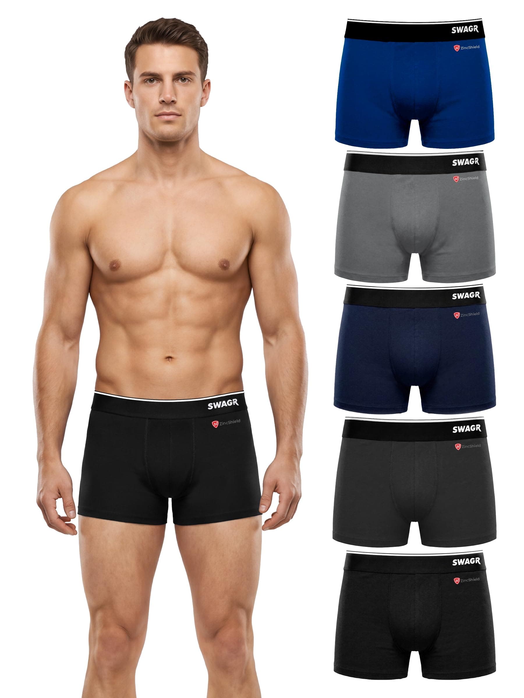 SWAGR 5 Pack Men's Super Combed Cotton Underwear Trunks | Classic TruComfort Fit | Powered by ZincShield Anti-Bacterial Tech | Aerflo Breathability | 4-way FlexStretch | Size XXL (110-115 cm) SG05