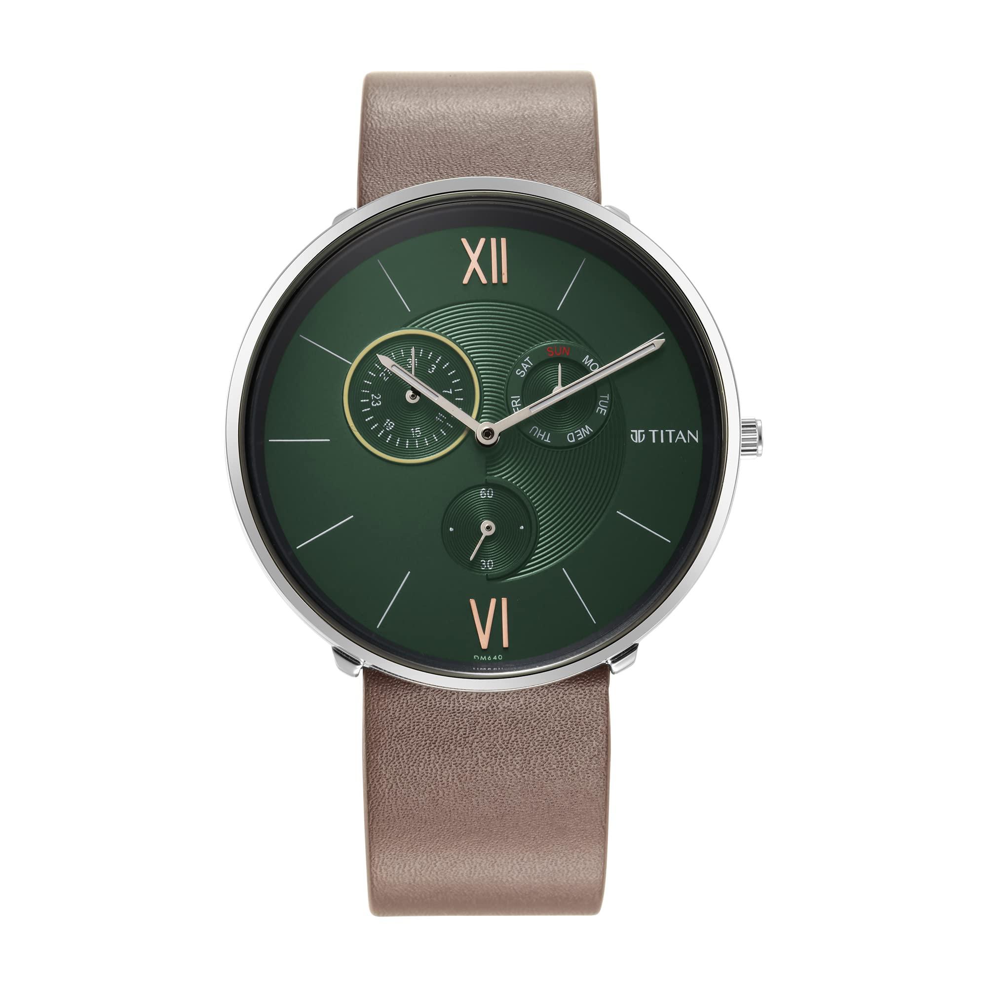 Titan Slim Quartz Multifunction Teal Dial Brown Leather Strap Watch for Men - NT1877SL01