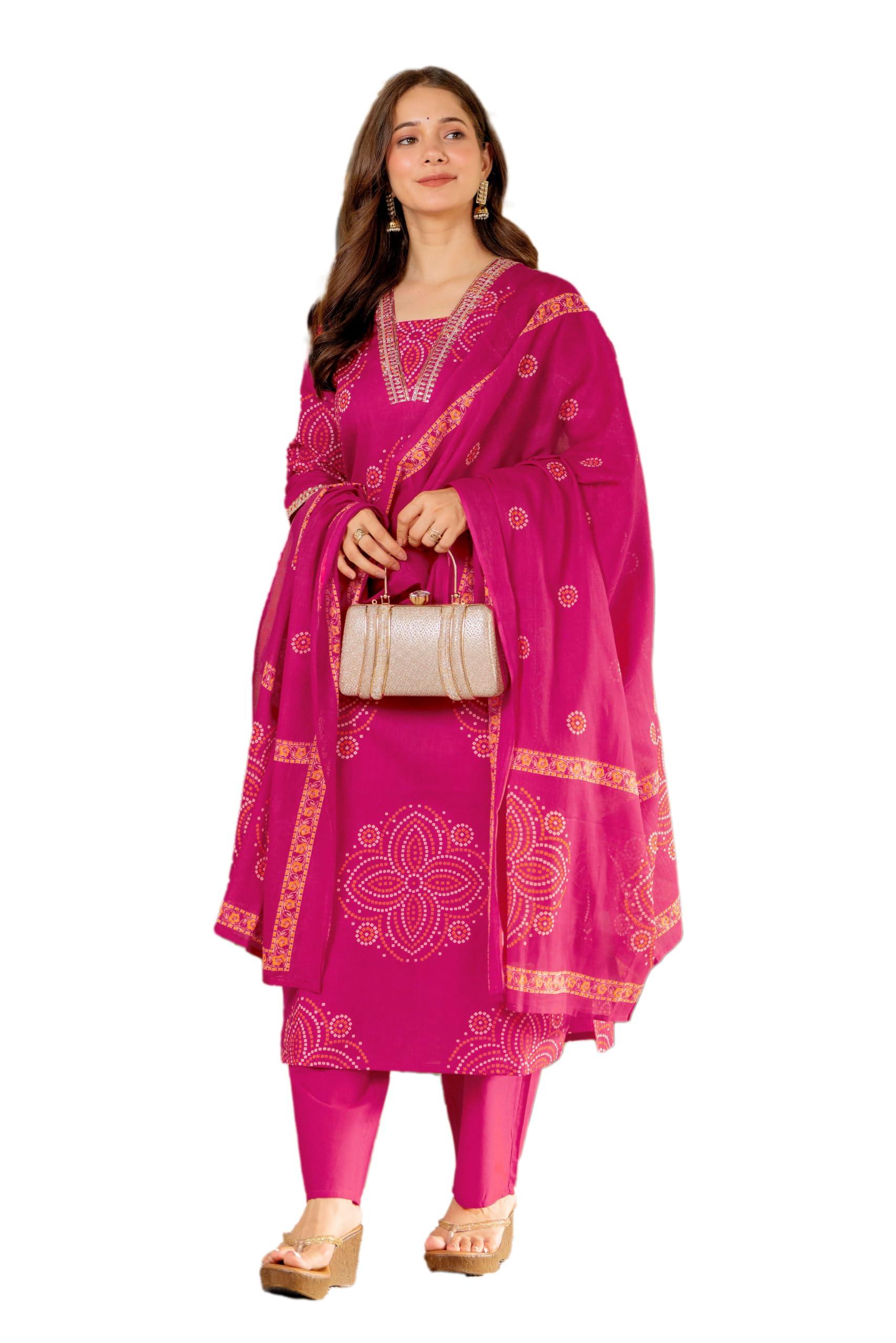 PARTHVI Women's Pure Cotton Straight Kurta Set with Palazzo Pants & Dupatta|Ethnic wear|Kurta Set for Women Pink