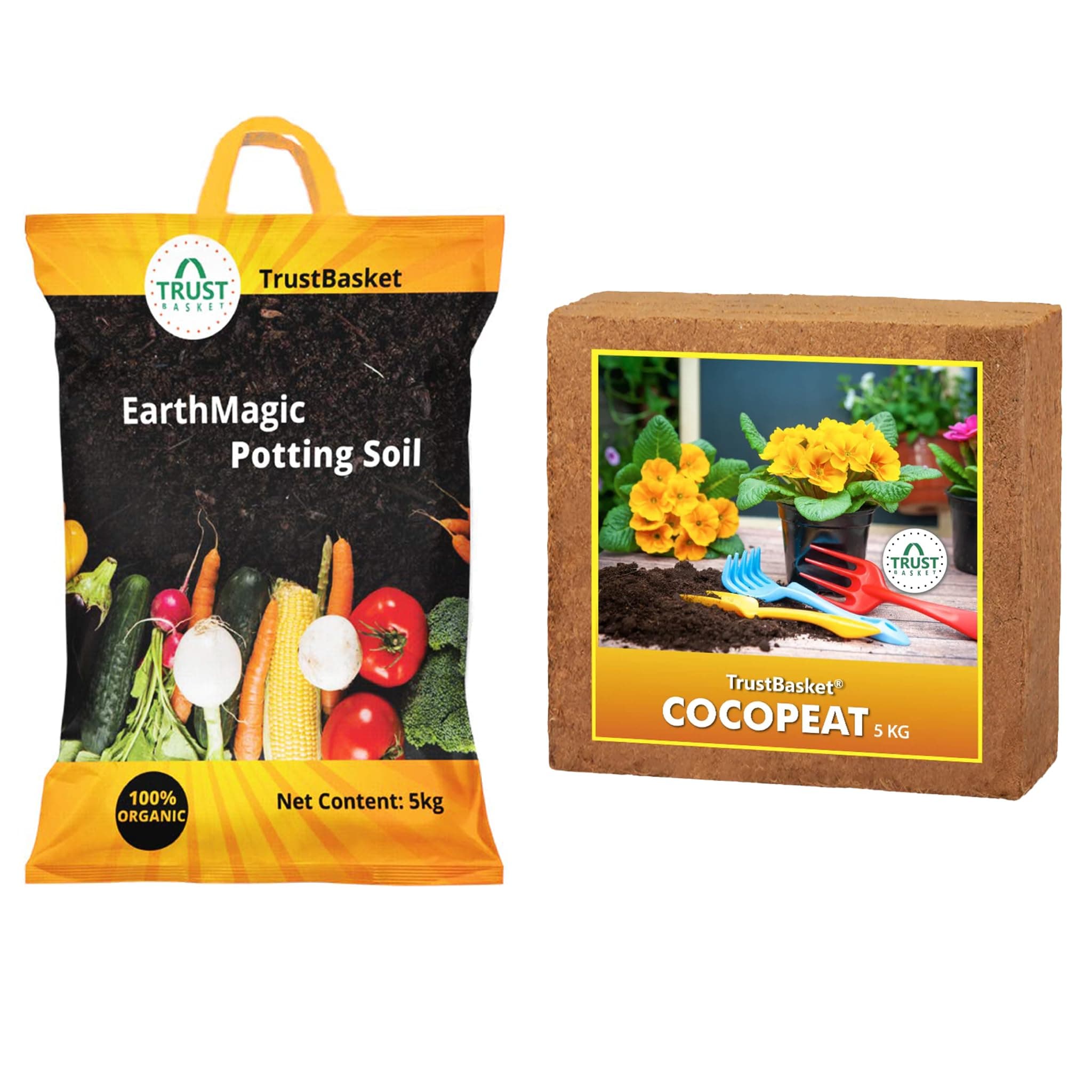 TrustBasket Cocopeat for Plants (5kg) + Earth Magic Potting Soil Mix for Plants (5 kg) | Garden Soil Combo