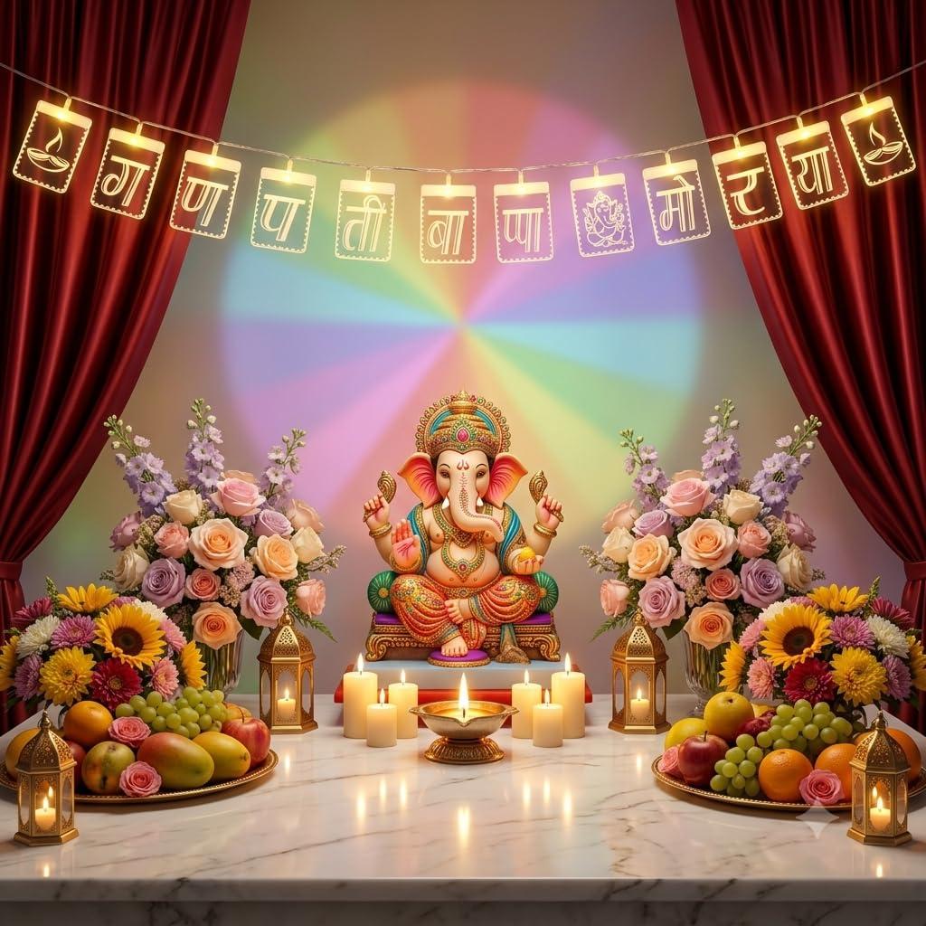 ZALAR Magic Text Light GANPATI Bappa MORYA, LED String Lights, Peacock Feathers and Hanging Bells, Traditional Festival Decoration,Diwali