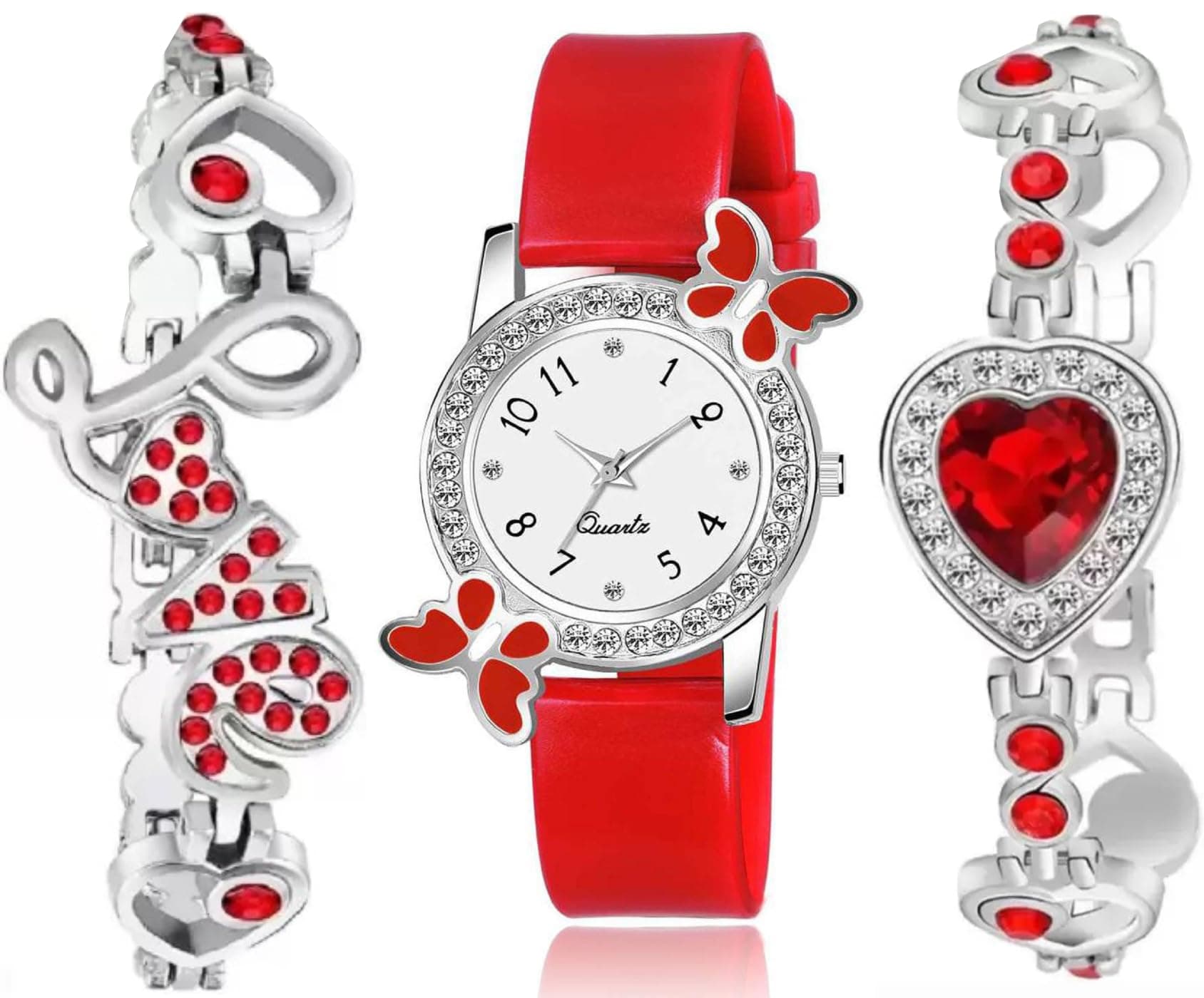 Acnos Polyurethane White Dial Diamond Red Analog Watch Diamond Bracelet For Girl Best Design Butterfly Combo 3 Pack Of 3, Red Band
