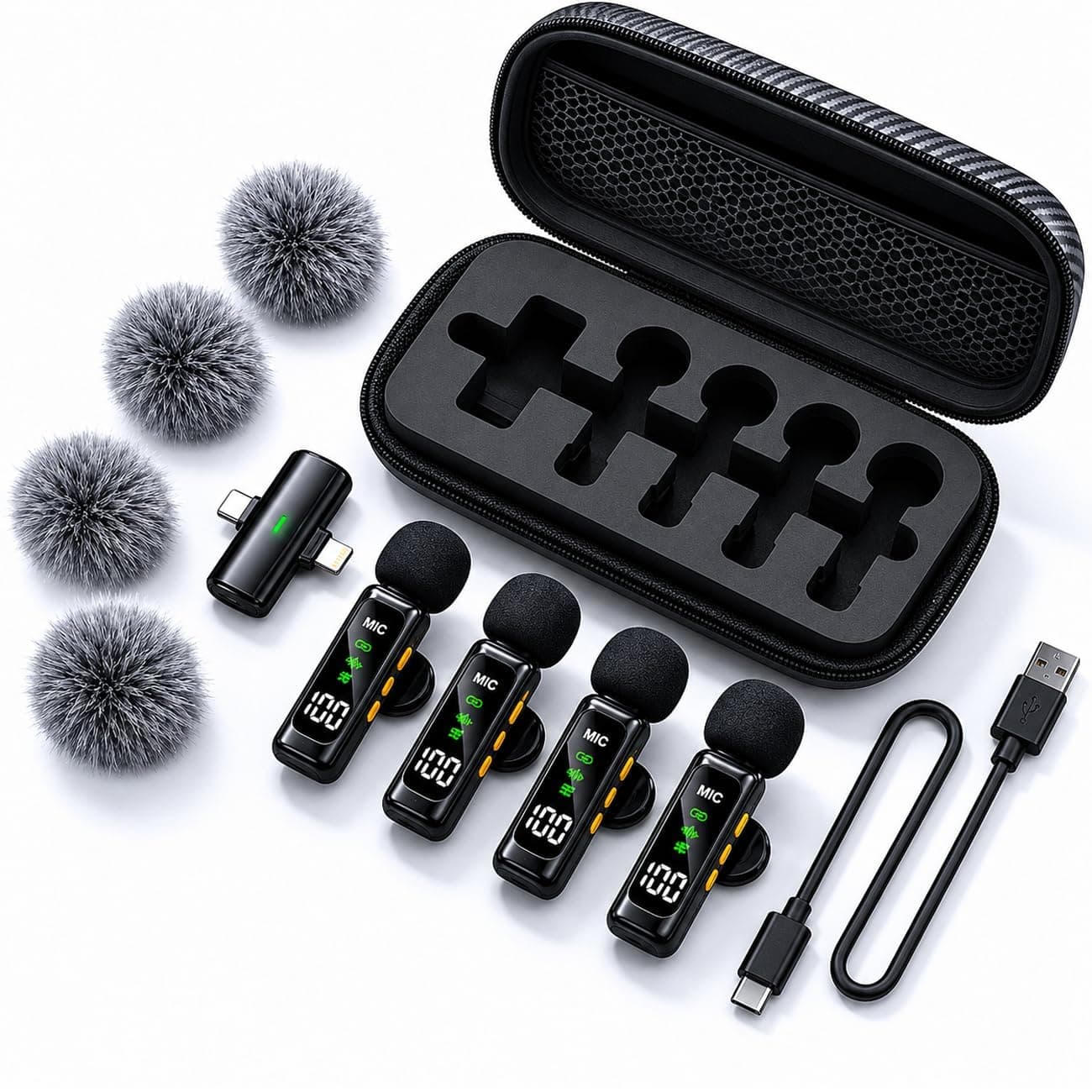 ZODUCT T90 Wireless Lavalier Microphone 1-to-4 (4 Mic) 2.4G Compatible with iPhone Android Type-C | Noise Cancelling | Reverb Sound | Long Battery | Vlog Interview Live Stream Recording
