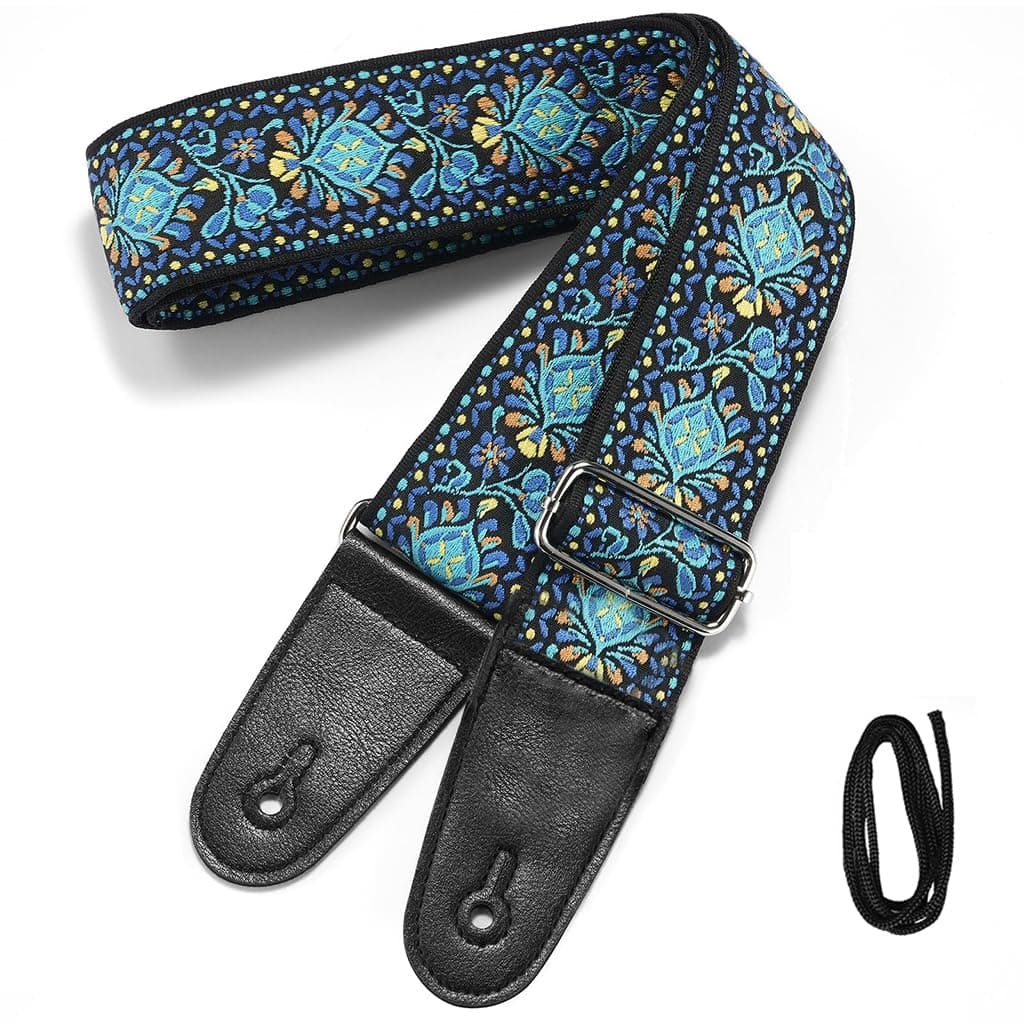HASTHIP® 34-41 inches Adjustable Guitar Strap,Blue Double-sided Vintage Embroidered Cotton Guitar Belt Straps for Acoustic,Electric Bass Lengthening and thickening Strap for