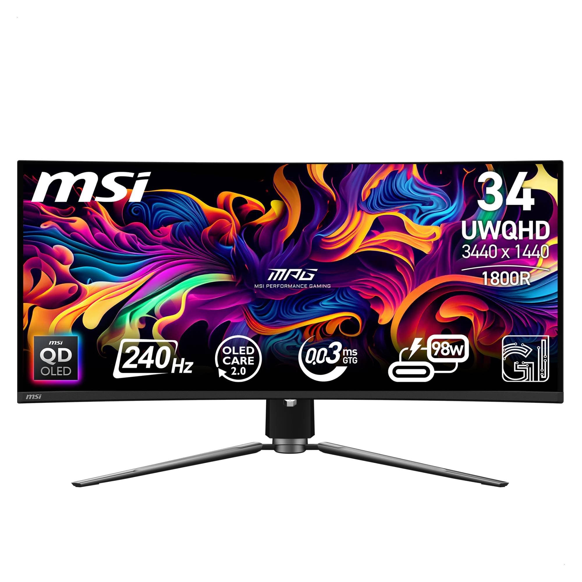 MSI MPG 341CQPX QD-OLED 34 Inch 2K UWQHD Curved Gaming Monitor - 3440 x 1440(21:9) QD-OLED Panel, 240Hz / 0.03ms, 99.3% DCI-P3, ΔE≤2, DisplayHDR True Black 400, DP 1.4a, HDMI 2.1, USB Type C(PD:98W)