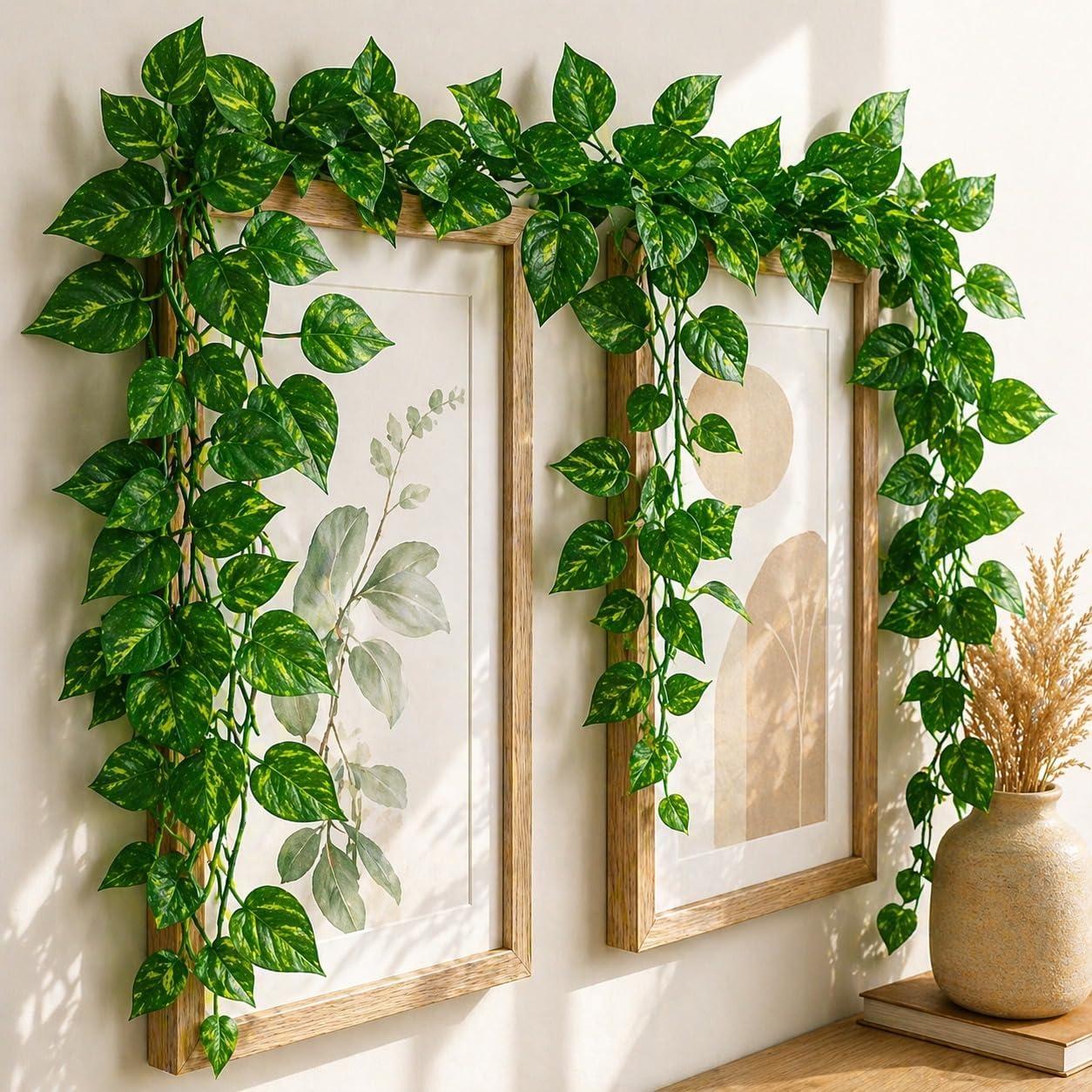 SATYAM KRAFT 8 Pcs Artificial Fake Flowers Wall Hanging Leaf Money Plants Creeper Leaves Decorative Vine String Lines for Ganpati Janmastami Decoration, Pooja Room, Garden & Home Decor.