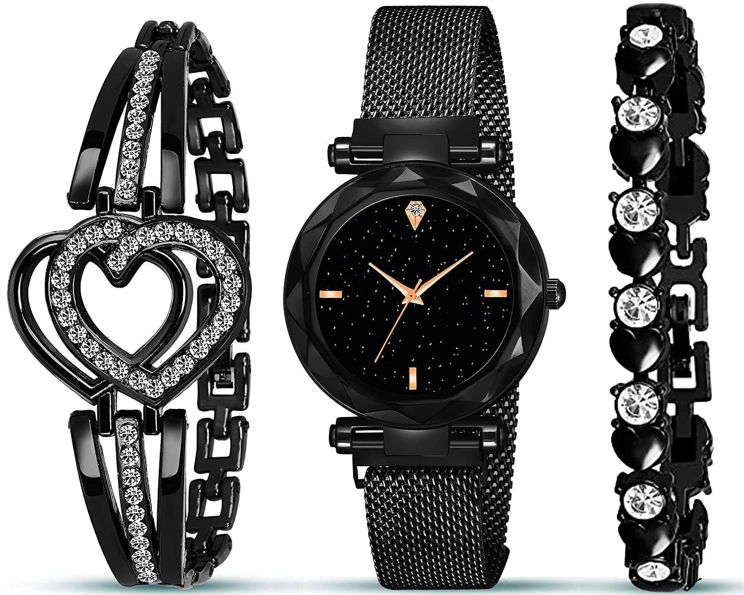 Acnos Premium Brand - Analogue Plain Full Black Dial Magnet Watch With Gift Bracelet for Women or Girls (Combo of 3, Metal)