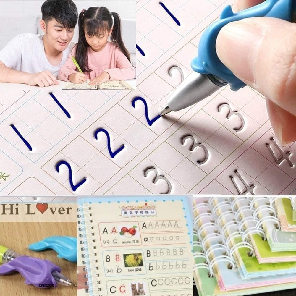 SHNMN Sank Magic Practice Copybook, (4 BOOK +1 PEN + 10 REFILL) Number Tracing Book for Preschoolers with Pen, Magic calligraphy books for kids Reusable Writing Tool