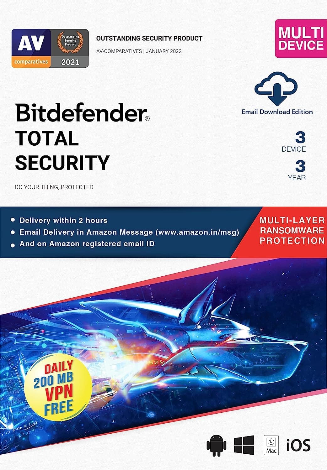 BitDefender Total Security Latest Version (Windows / Mac / Android / iOS) - 3 Devices, 3 Years (Single Activation Code) (Email Delivery in 2 hours - No CD)