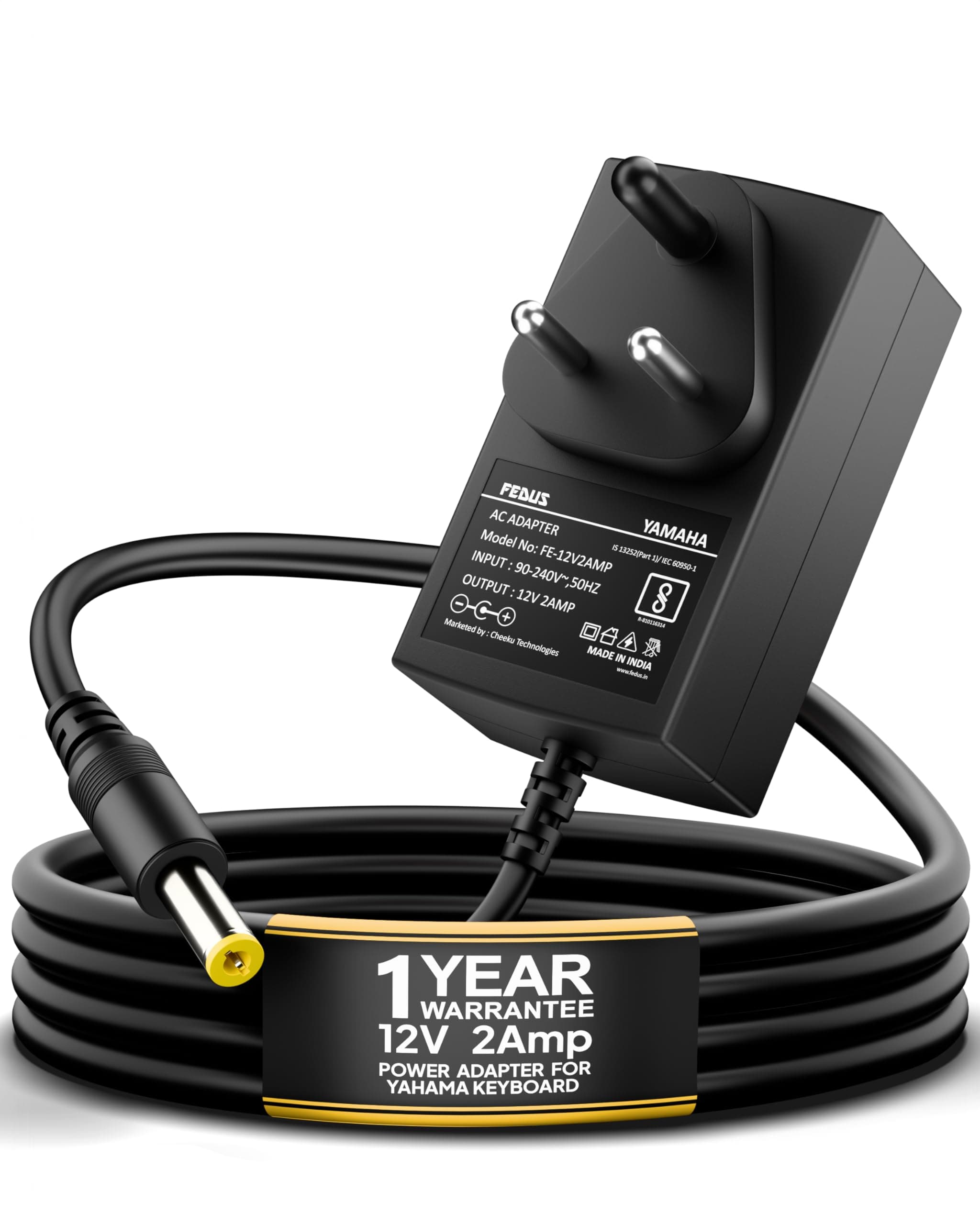FEDUS ClearTone12V 2A AC Power Adapter for Yamaha Keyboard, 2 Meter Cord, BIS Charging Power Supply Replacement for PA-130 PA-130B PA-3C, PSR, YPT, DGX, EZ, DD Series Digital Piano Portable Keyboard