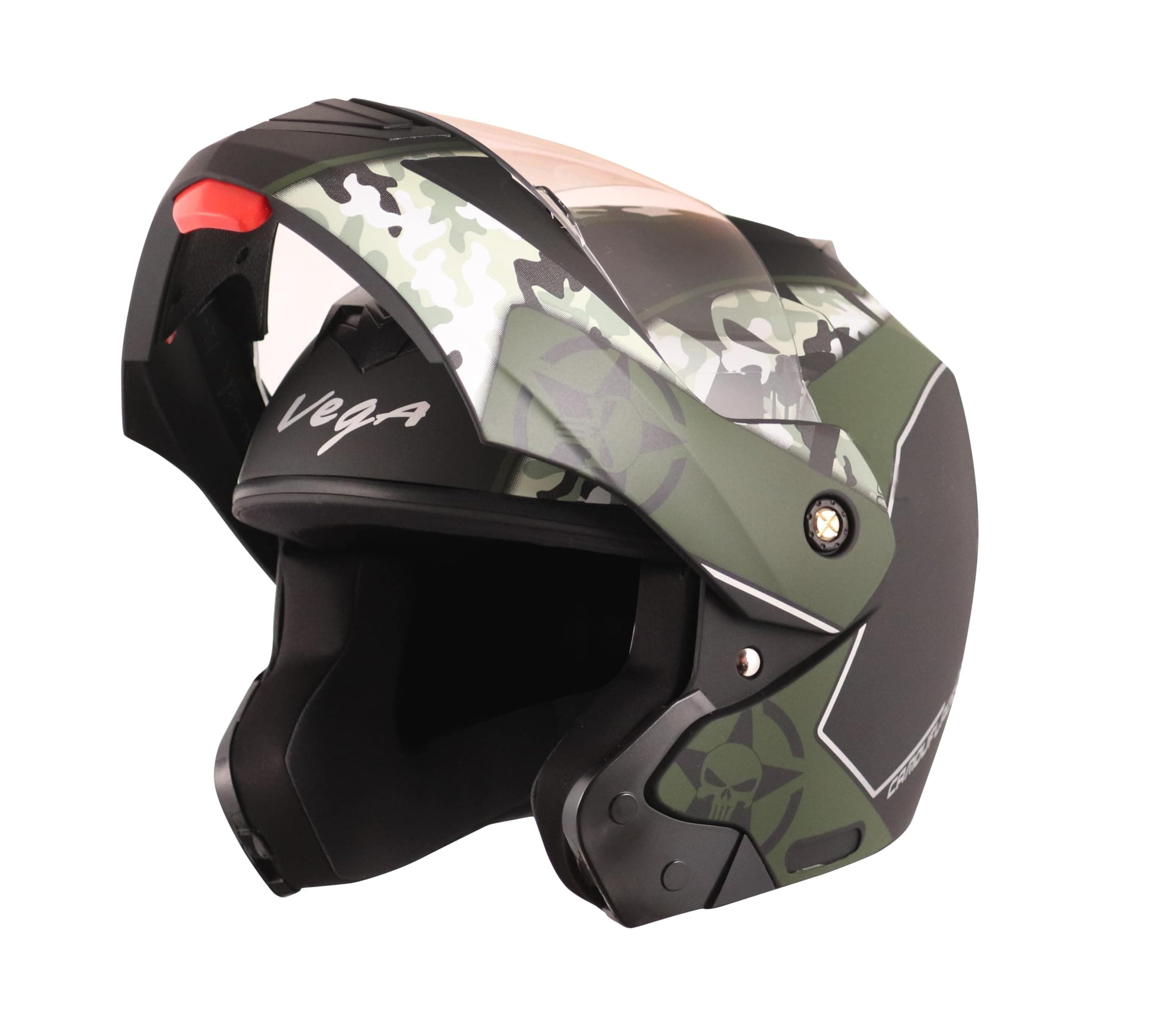 Vega Crux Dx Camouflage ISI Certified Smooth Matt Finish Flip-Up Helmet for Men and Women with Clear Visor(Dull Black Battle Green, Size:M)