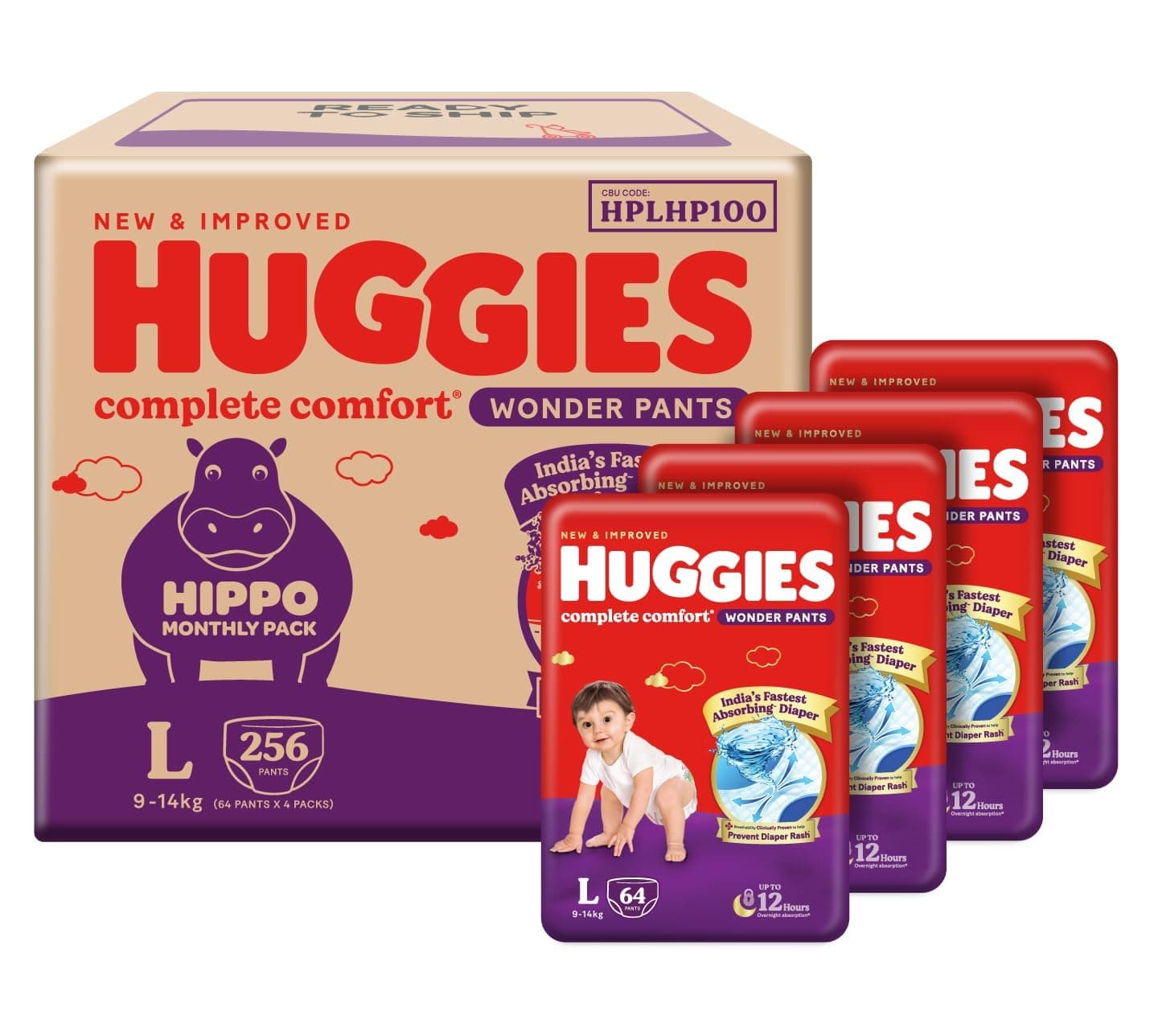 Huggies Complete Comfort Wonder Pants | Pant Style Baby Diapers Large Size, 256 Count | India's Fastest Absorbing diaper, Clinically Proven to Prevent Diaper Rash | Ideal for 9 to 14 Kgs (64 count, Pack of 4)