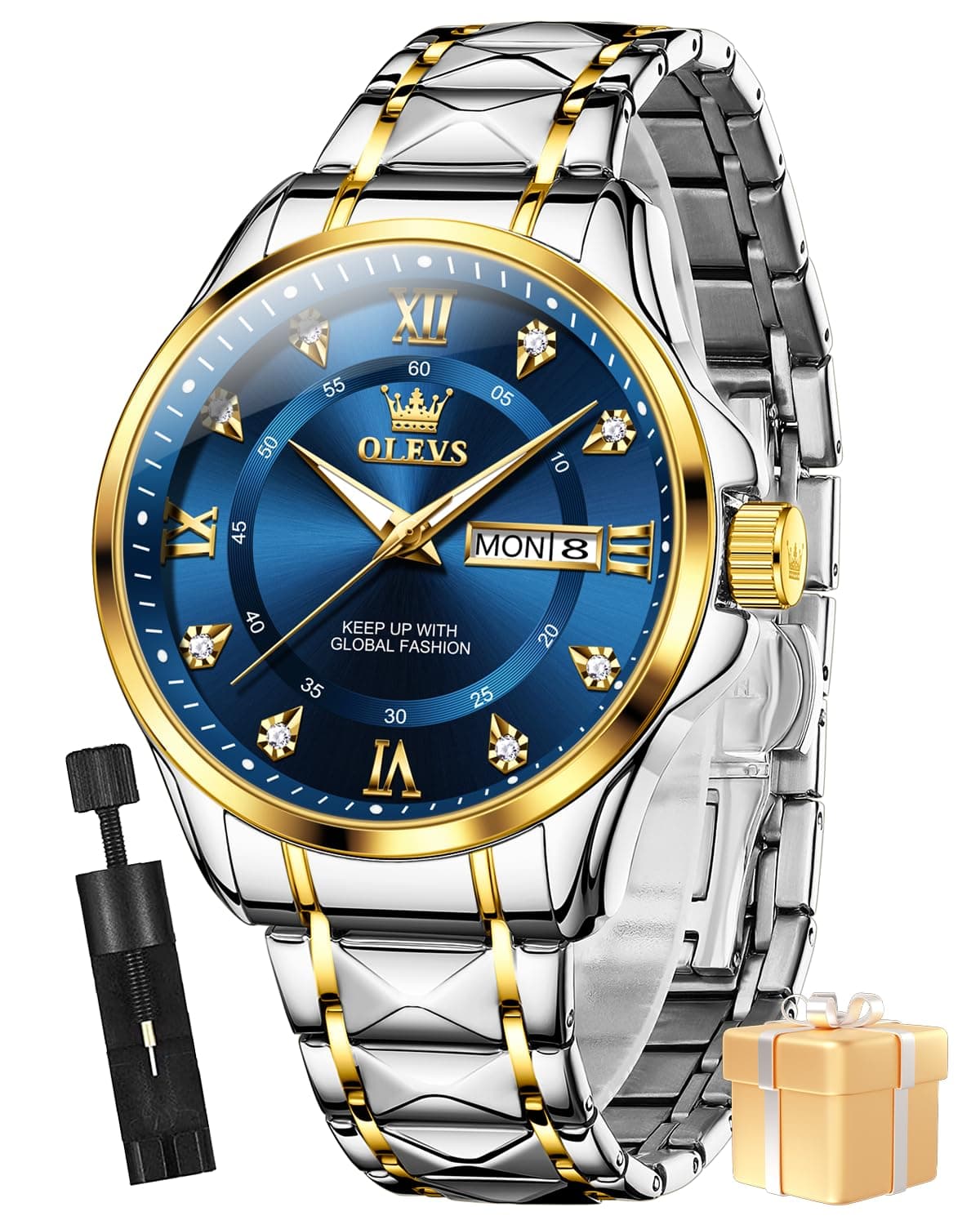 OLEVS Watch for Men Analog Quartz Two Tone Men Stainless Steel Waterproof Luminous Diamond Fashion Men's Wrist Watches Blue