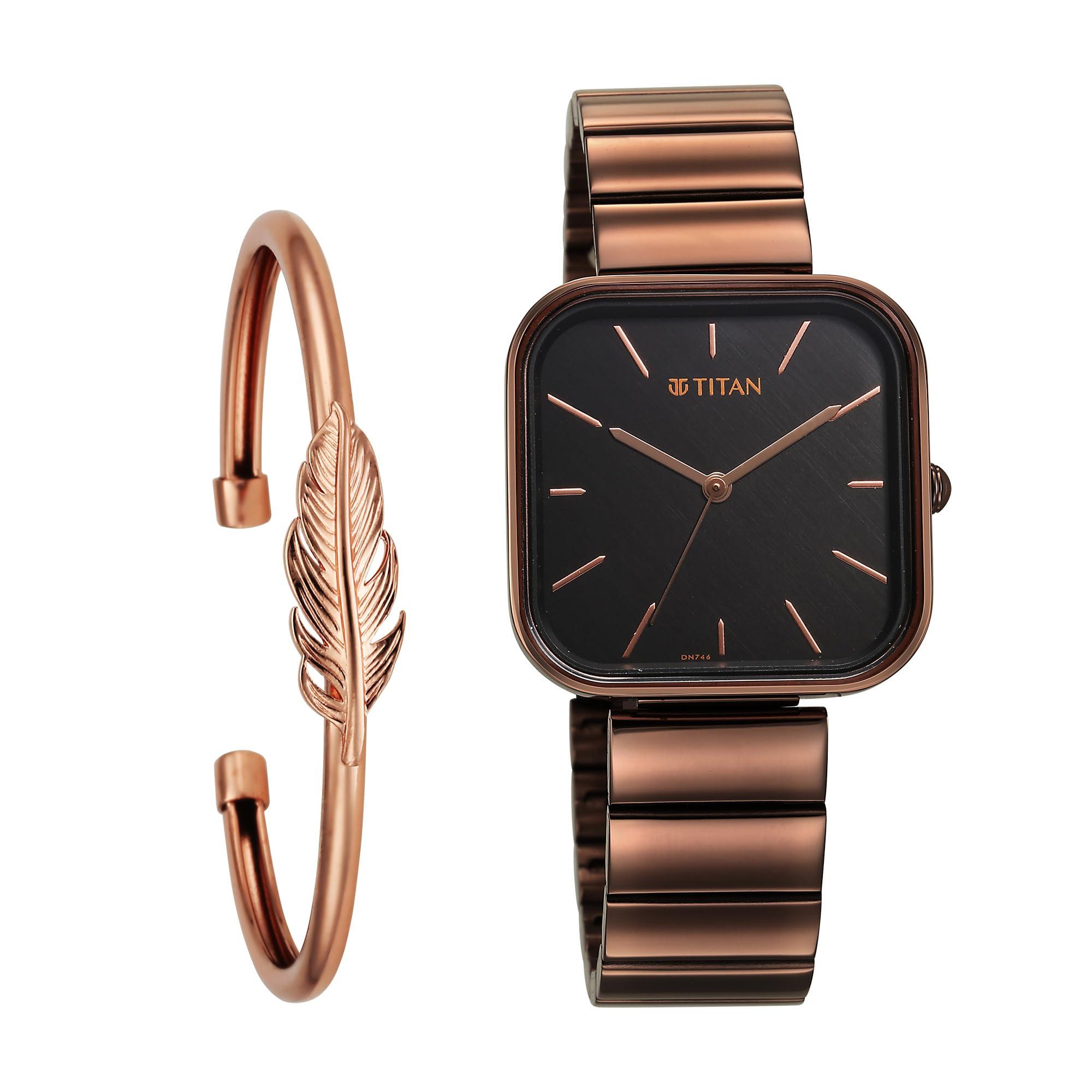 Titan Purple Stackables Quartz Analog Black Dial Metallic Brown Stainless Steel Strap Watch for Women - NT2715QM01F