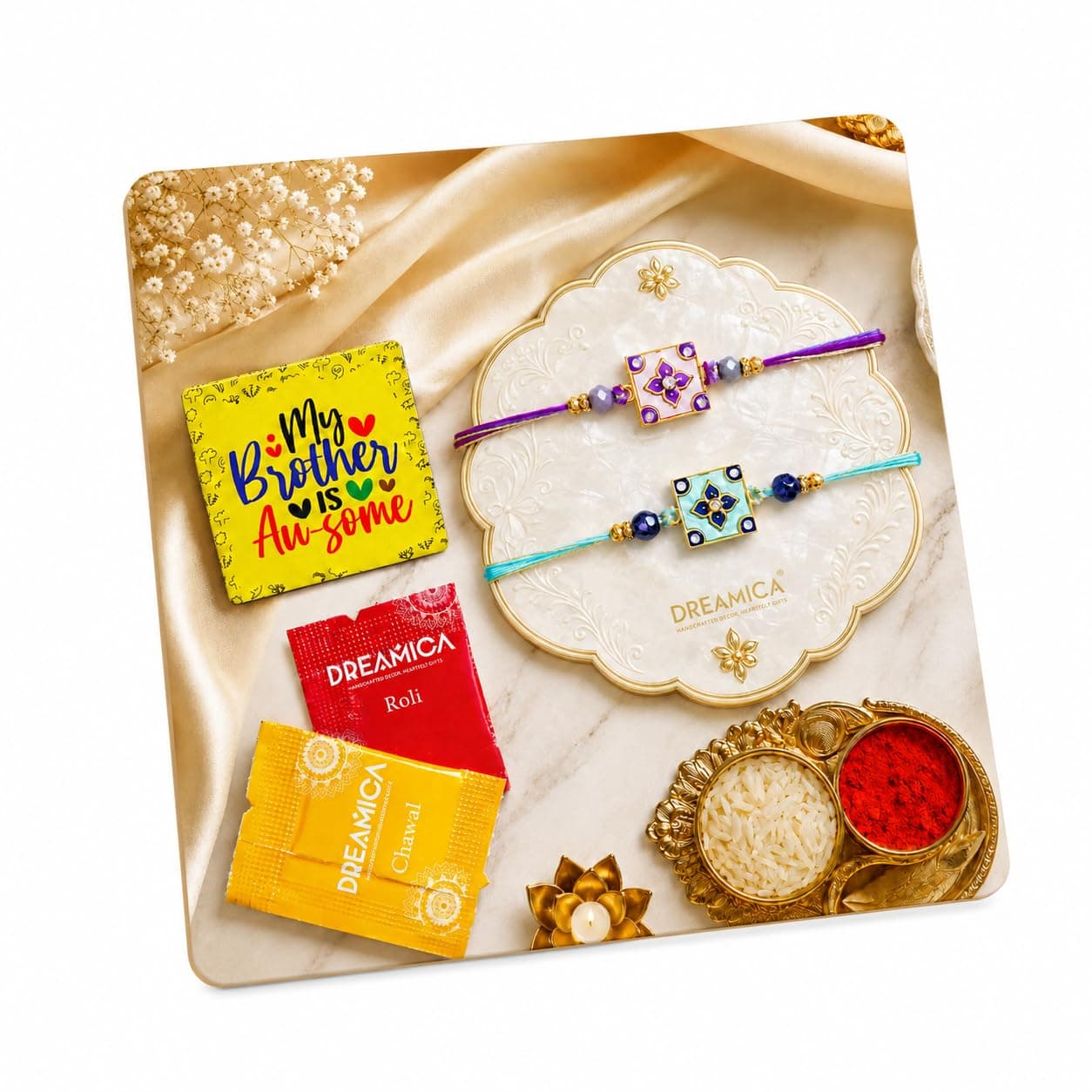 Dreamica Set of 2 Designer Rakhi for Brother | Combo with ‘My Brother Is Awesome’ Fridge Magnet, Tilak Set (Roli-Chawal), and Greeting Card | Best Rakhi Gift For Brother (Rakhi-65)
