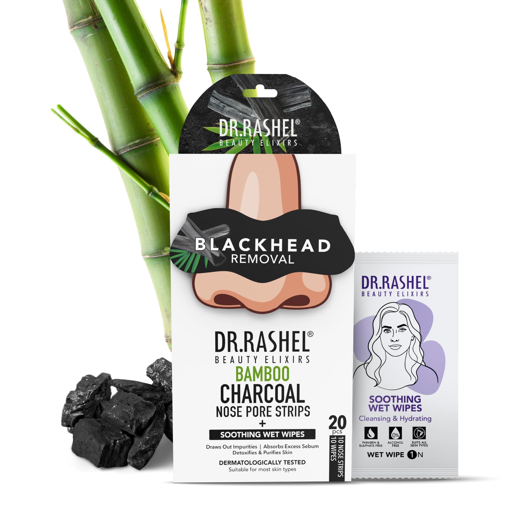 DR.RASHEL Beauty Elixirs Bamboo Charcoal Nose Pore Strips for Blackhead Removal, Activated Charcoal Deep Cleansing & Oil Control, Painless Pore Care for Men & Women, Pack of 20 (10 Strips + 10 Cleansing Wipes)