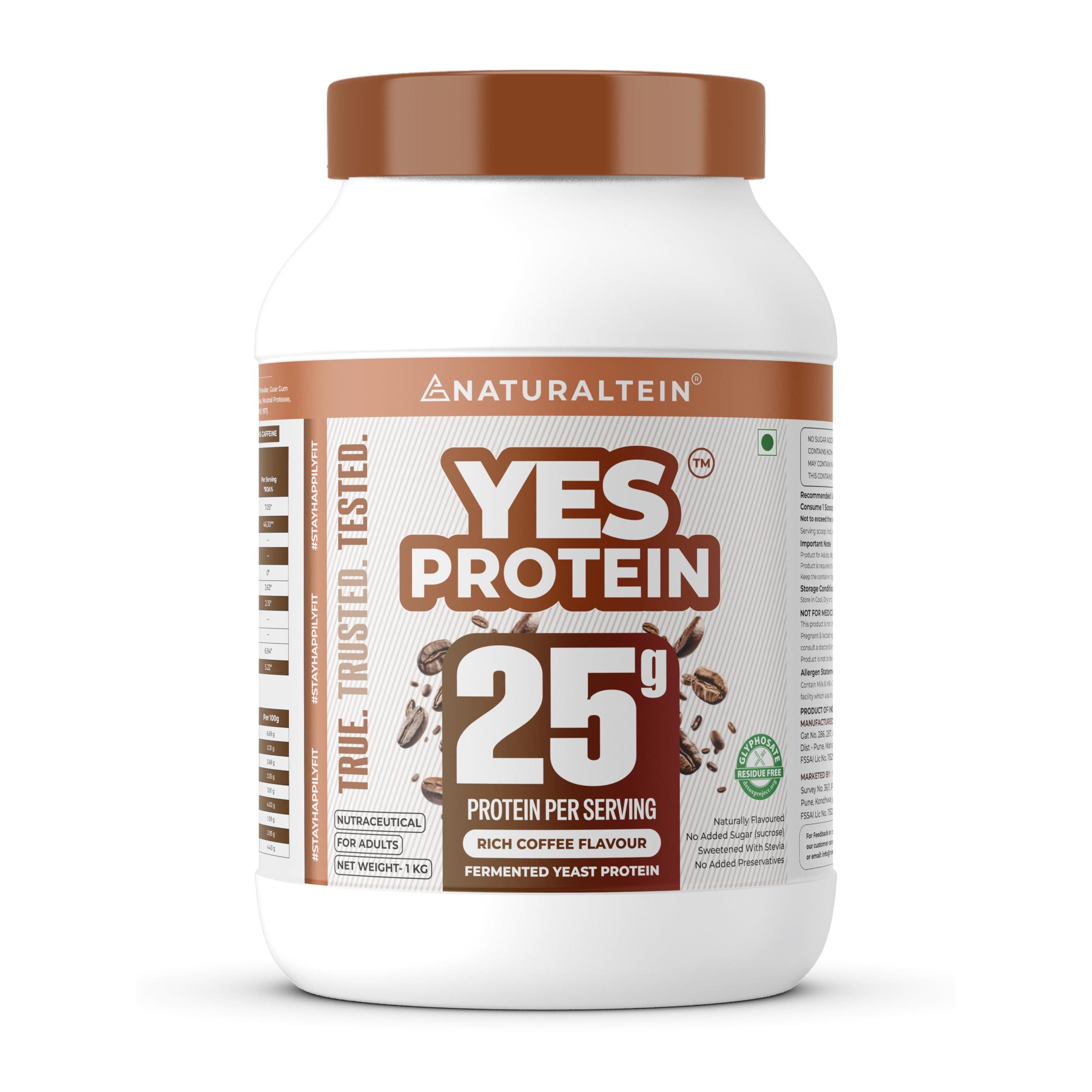 Naturaltein YES Protein 1kg | Fermented Yeast Vegan Protein Powder | Rich Coffee Flavour | 25 g Protein | No Added Sugar | Naturally Sweetened | Digestive Enzymes | Heavy Metal Tested | 28 Servings