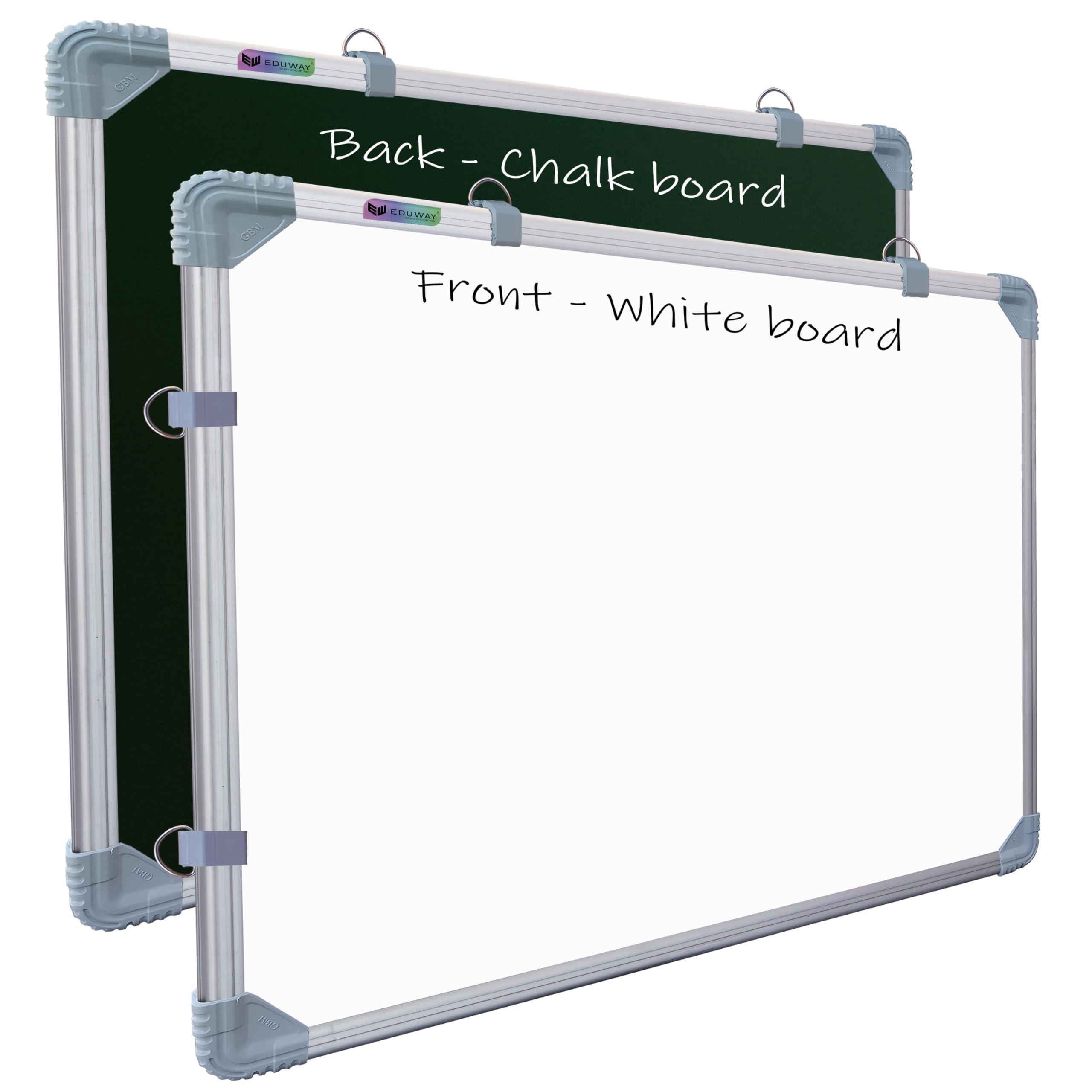 Eduway 1.5x2 Feet Non-Magnetic Double-Sided Whiteboard and Chalkboard | Ideal Use for Home, Office, Kids with Sliding Hanging Clips, Robust Aluminum Frame and Smooth Melamine Surface (41x59 - Cms)