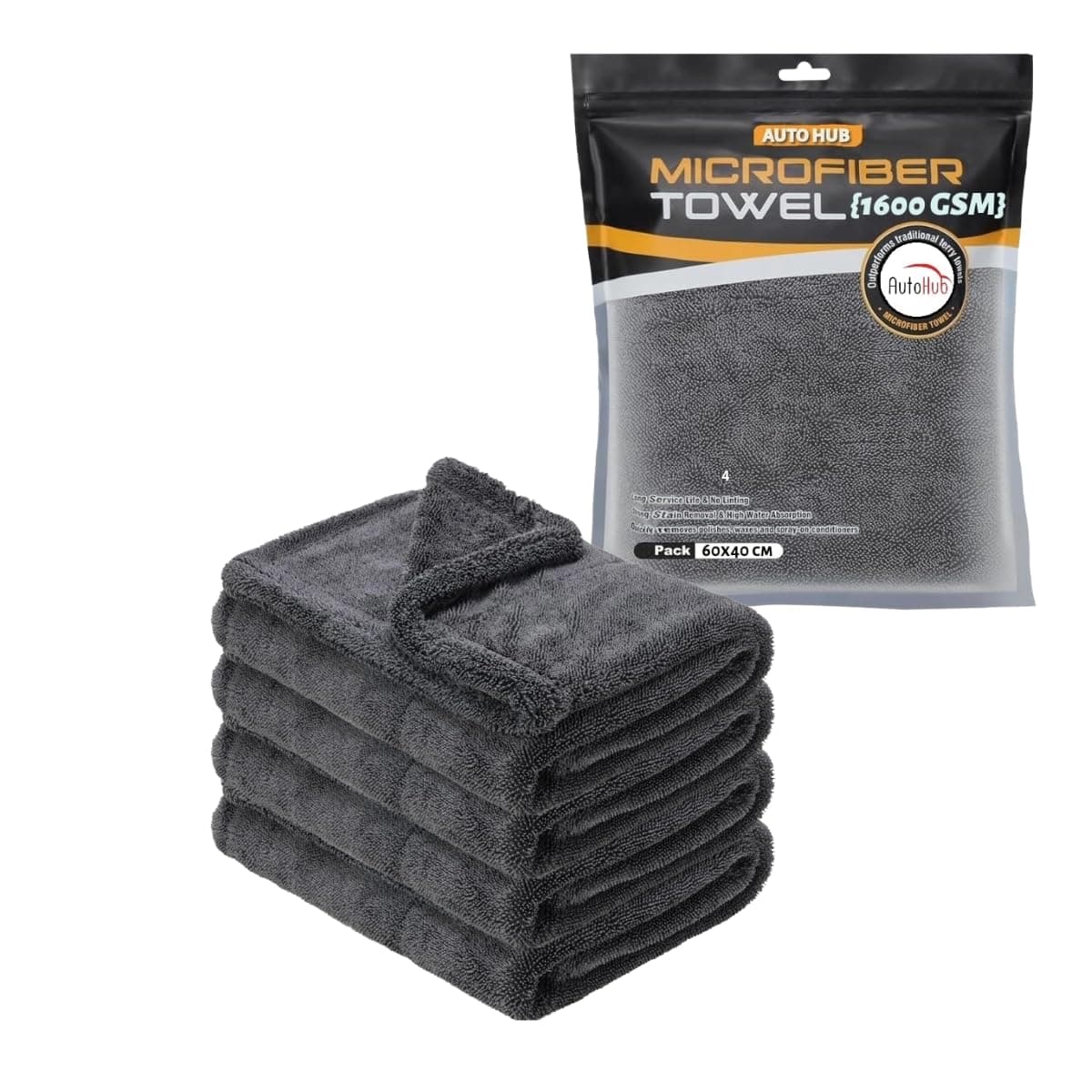 Auto Hub 1600GSM Microfiber Cloth for Car - Dual Sided Microfiber Cloth - Lint & Streak Free Car Cleaning Cloth - Multipurpose Car Wash Cloth-Coral Fleece-4pc,60x40cm-Grey