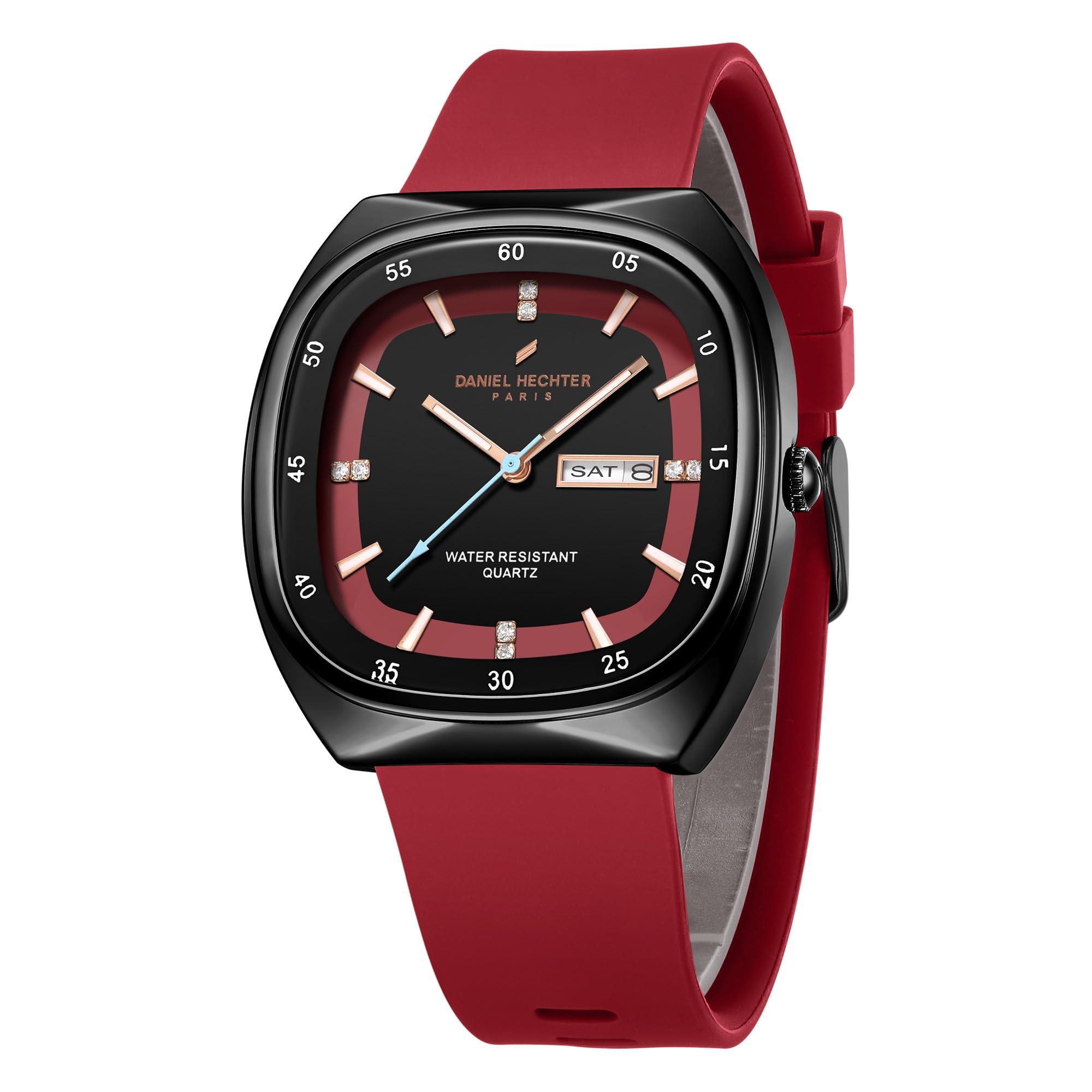 Daniel Hechter Paris Bercy Collection Analog Quartz Watch for Men with Black & Red Square Dial, Day-Date Display, Crystal Hour Markers and Red Silicone Strap - DHM1053-04S