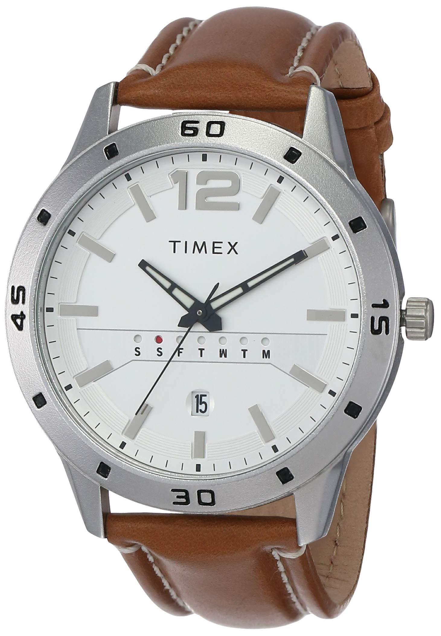 TIMEX Analog Watch for man with Silver Tone Round Dial & Tan Leather Strap Band Water Resistant Men's Wrist Watches - TW000U933