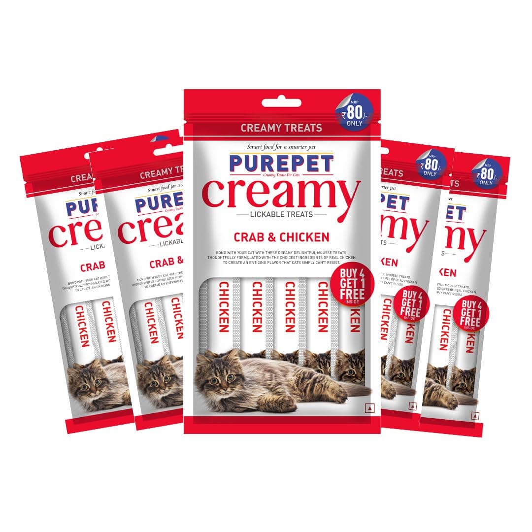 Purepet Creamy lickable Cat Treats (75g x 5 Pouches) Total 375g | Crab & Chicken | Better Digestibility | Supports Skin & Coat Health | Improved Overall Health