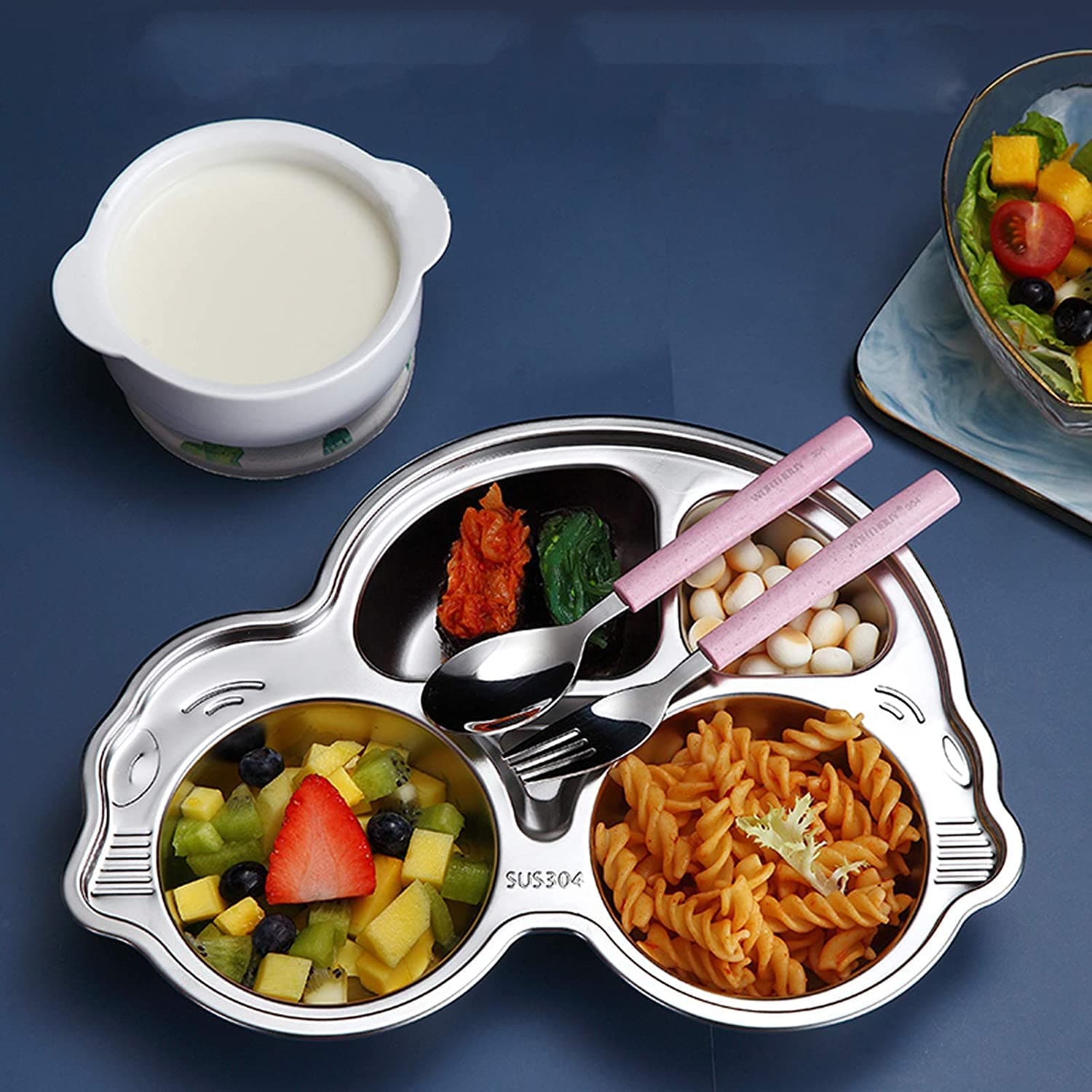 Happy Hues Car Stainless Steel 4 Compartments Divided Meal Plate Dinner Dish for Kids