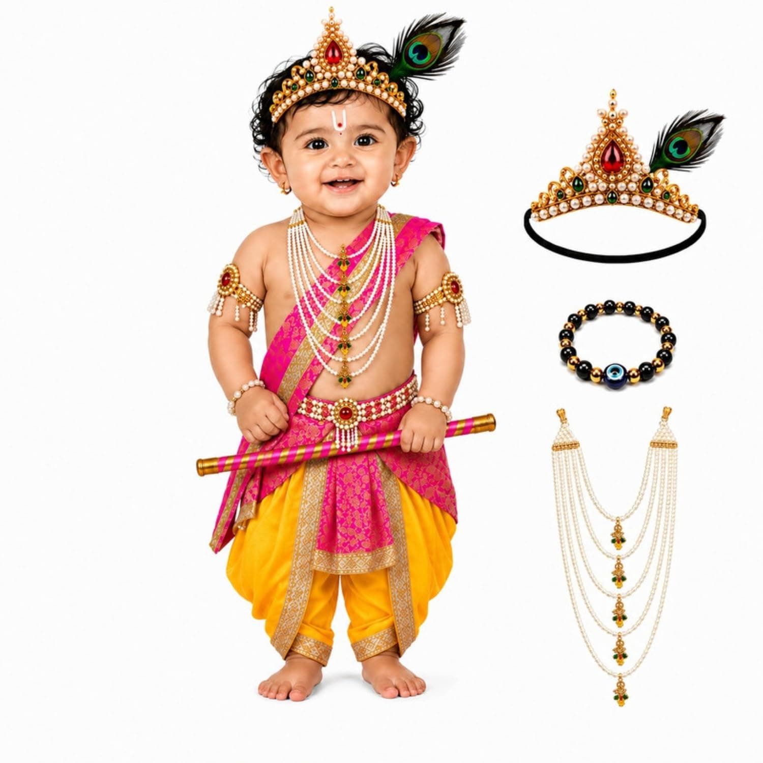Raj Fancy Dresses Bal Krishna Dress for Kids, Shri Krishna Costume for Baby Boy and Girl, Janmashtami Fancy Dress Costume, Krishna Fancy Dress