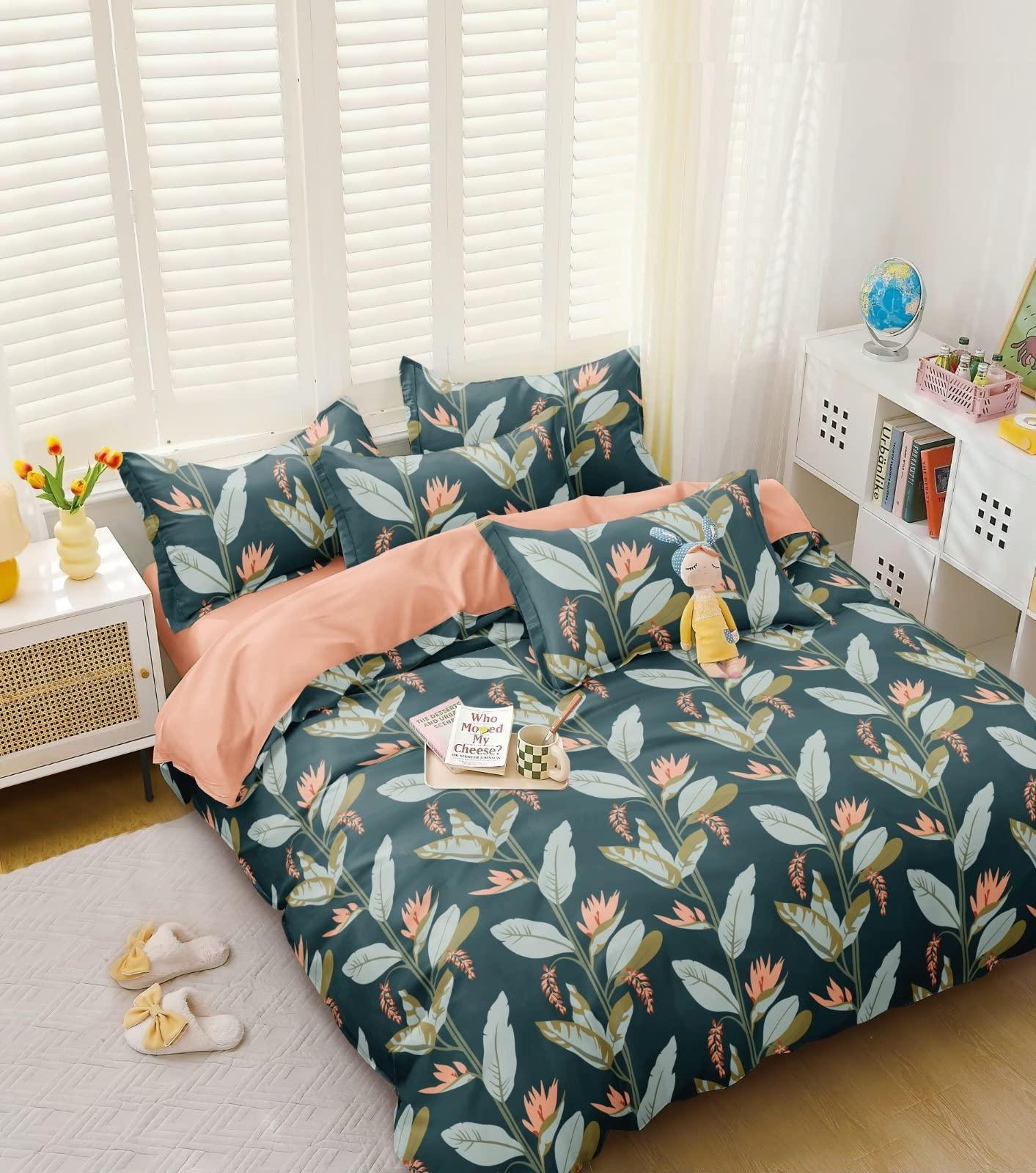 THE HOME STYLE Cotton Feel Glace Cotton All Around Elastic Fitted Printed King Size Double Bed Bedsheet With 2 Pillow Cover(60" X 78",Forest Green),300 TC