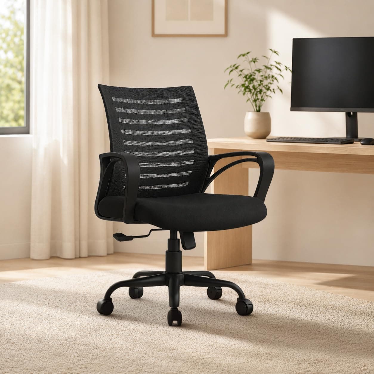 INNOWIN Mini Jazz Mesh Mid-Back Ergonomic Home Office Chair | 3-Years Limited Warranty Included | Tilting & Height Adjustable Mechanism, Heavy Duty Metal Base | Ideal for Office Work & Study (Black)