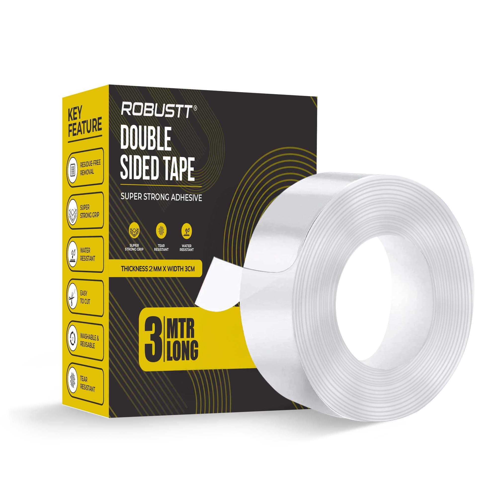 Robustt Double Sided Tape(Pack of 1) 3m x 3 Cm, Heavy Duty, Transparent IVY Grip Tape, Removable Traceless Mounting Best Suited for Wall Tape, Kitchen, Home Dcor & DIY