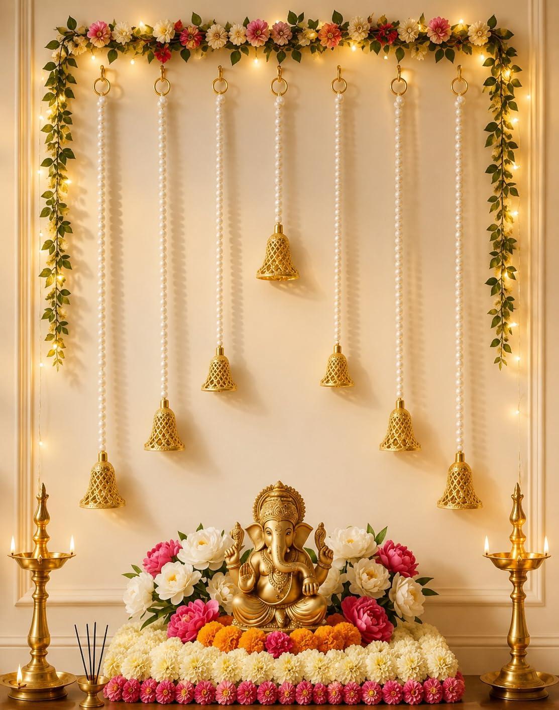 Sohibe Handmade White Beads Golden Bell 7 Latkan Home Decoration Item for Ganpati Festival wall Hanging Handcrafted Diwali Decoration Items