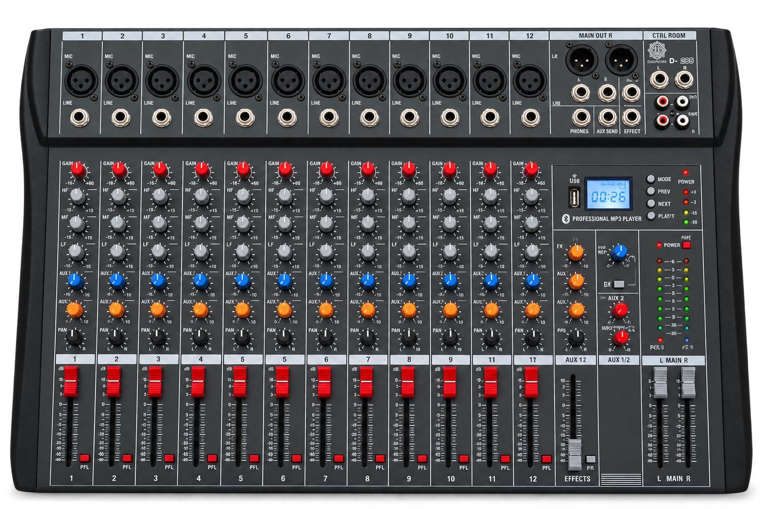 DIGIMORE Professional 12 Channel Mixer | 8 XLR + 6.35MM Input Ports | USB MP3 & BT Support | 48V Phantom Power | Delay & Repeat FX | Stereo Output | Control Room, Headphone, Aux, EFF Outs (D-285)