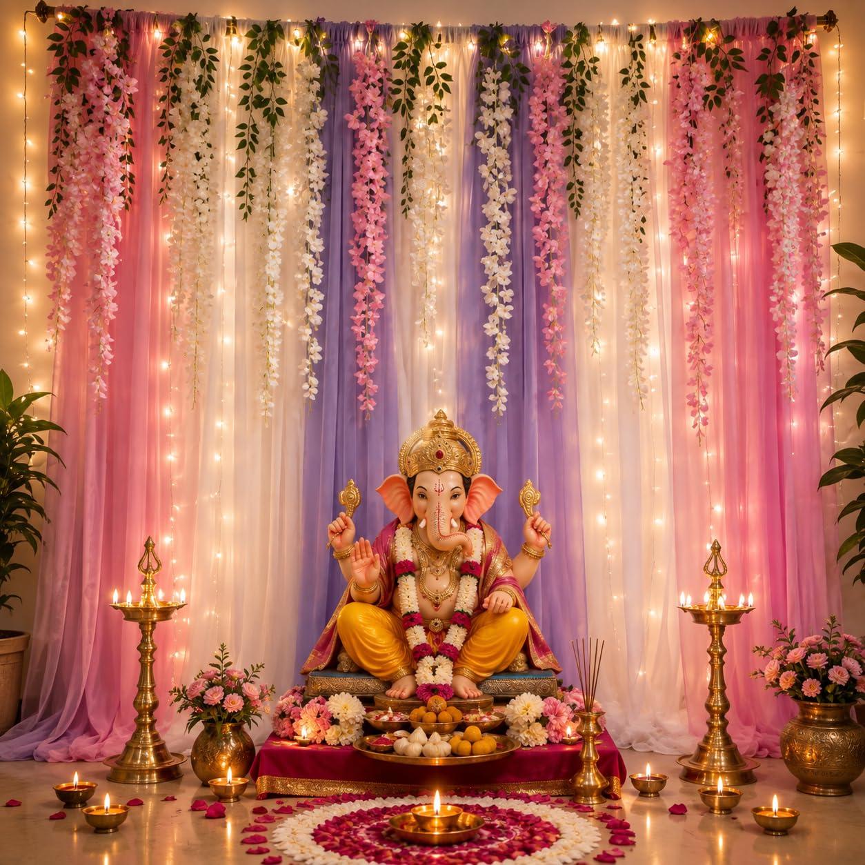 Shimmers Backdrop Net Curtains for Decoration Kit Set of 18 with Pink White Wisteria Flowers, Pooja, and Weeding, Janmashtami & Ganpati Decorations Setup, Hanging Vines & Hooks, Floral Decor