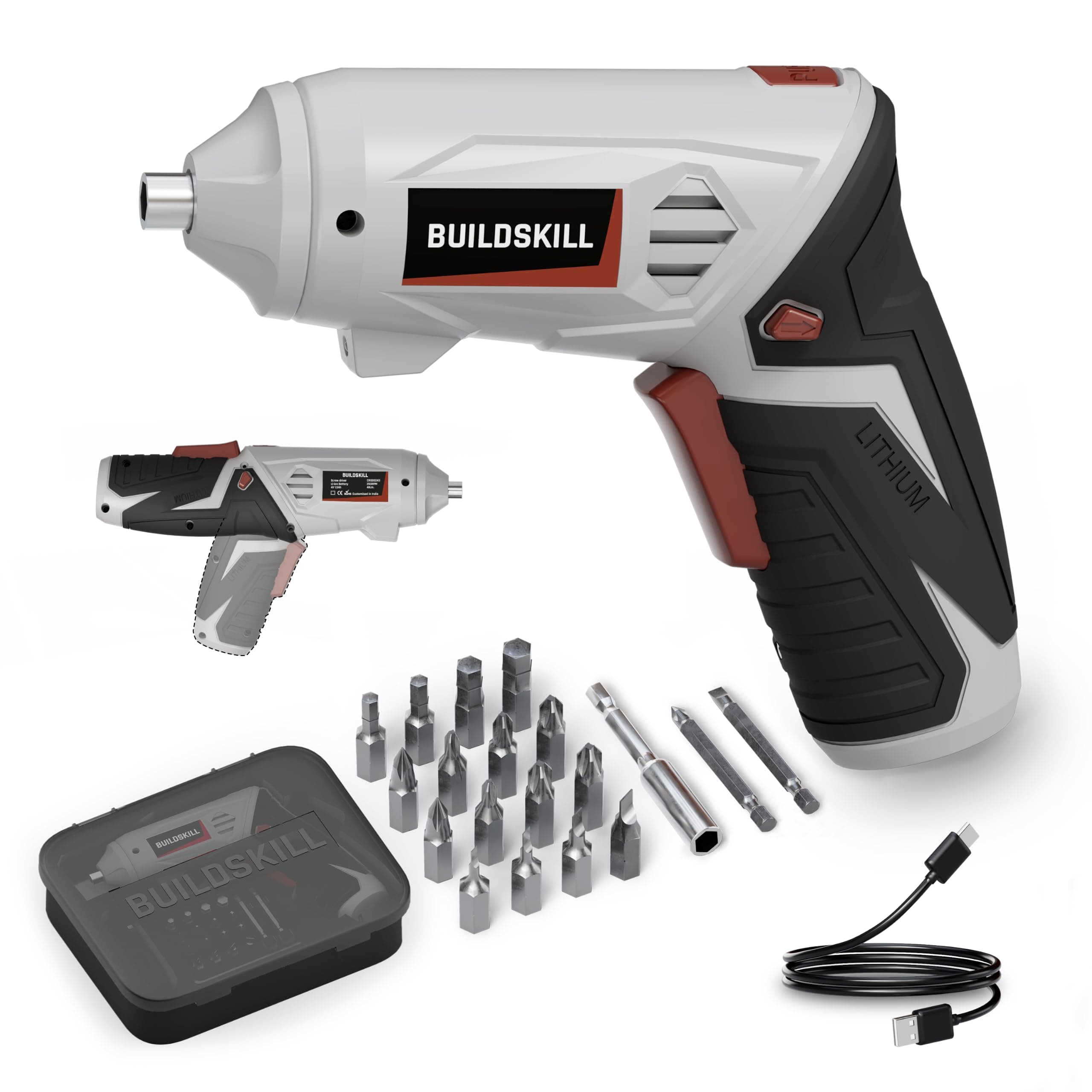 BUILDSKILL 4V Cordless Screw Driver Kit | 19 Pcs | 4 N.M. Torque | 250 RPM | Magnetic Chuck | 1.5AH Battery | Forward-Reverse | 2 position Handle Lock & LED Light | Type-C Charging cable included