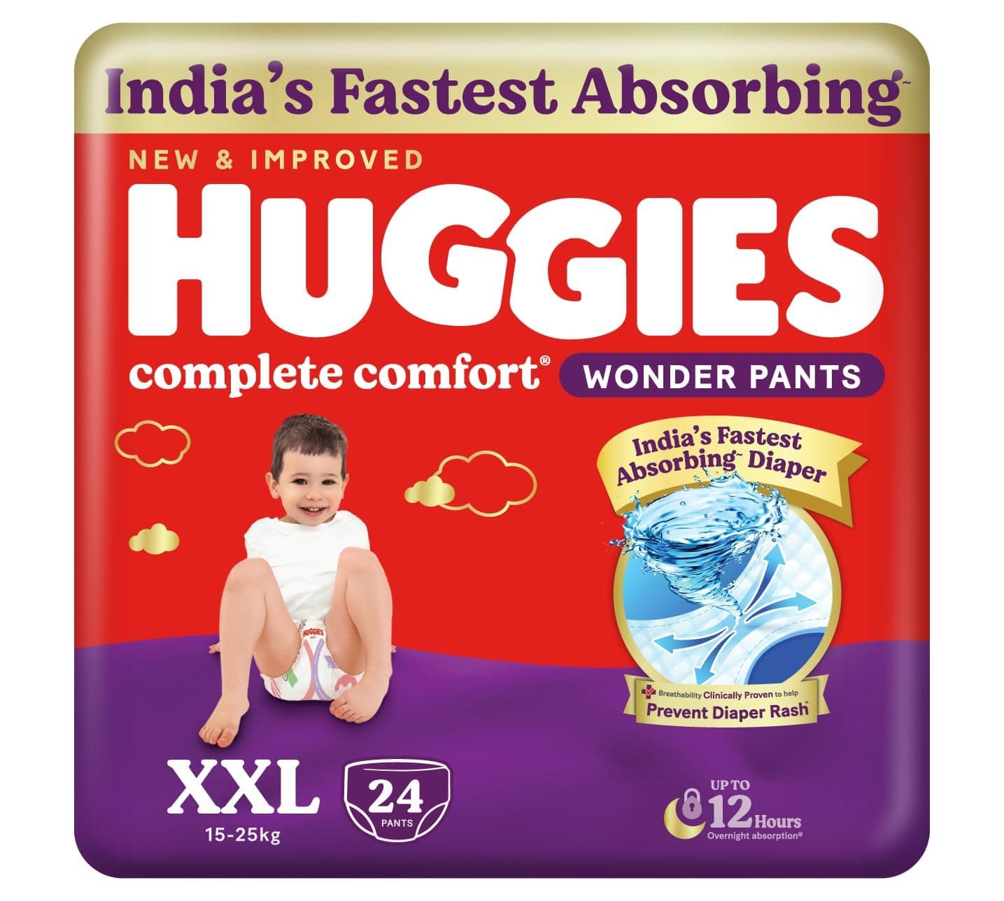 Huggies Complete Comfort Wonder Pants | Pant Style Baby Diapers XXL Size, 24 Count | India's Fastest Absorbing Diaper, Patented Dry Xpert Channel, Ideal for 15 to 25 Kgs