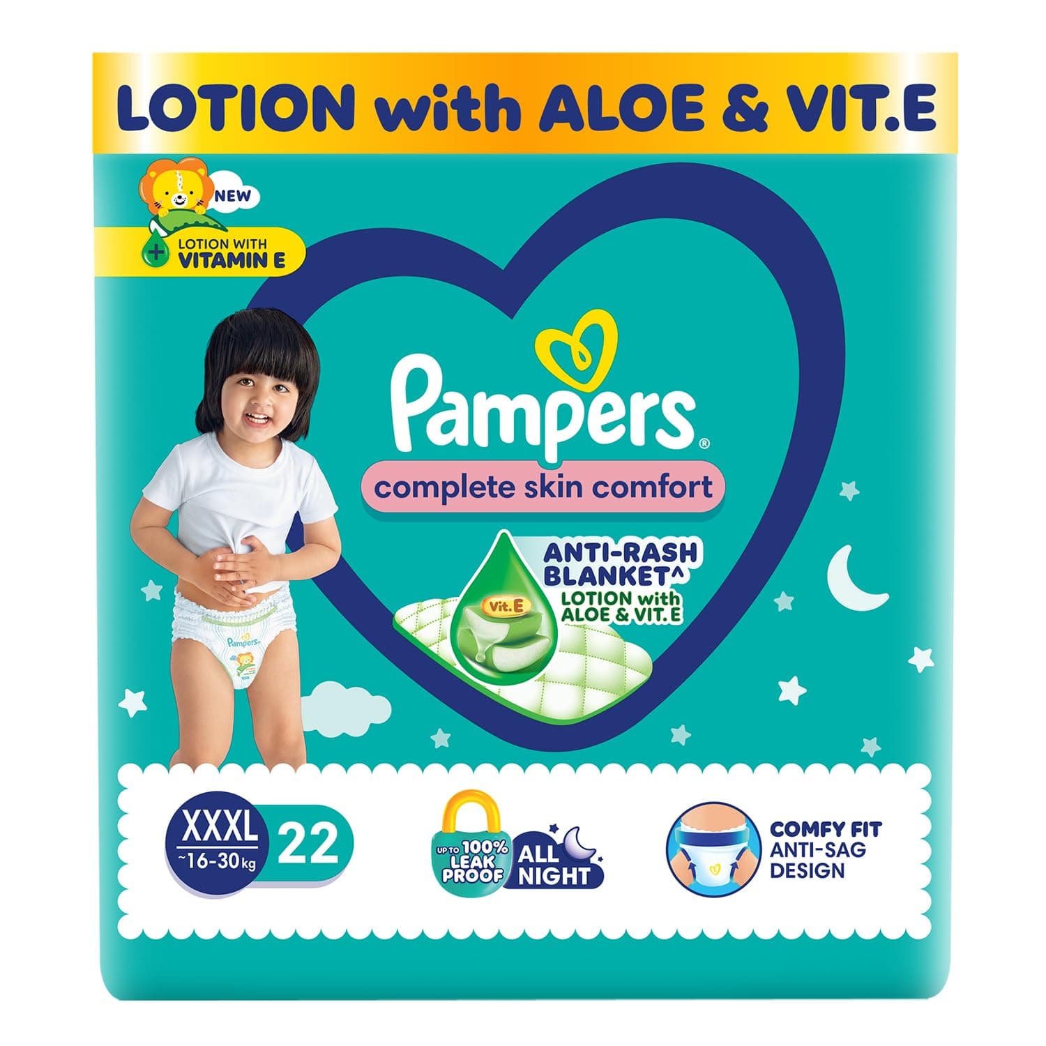 Pampers Complete Skin Comfort Pants Style Baby Diapers, XXX-Large (XXXL) Size, 22 Count, Anti Rash Blanket, Lotion with Aloe Vera, 16-30 kg