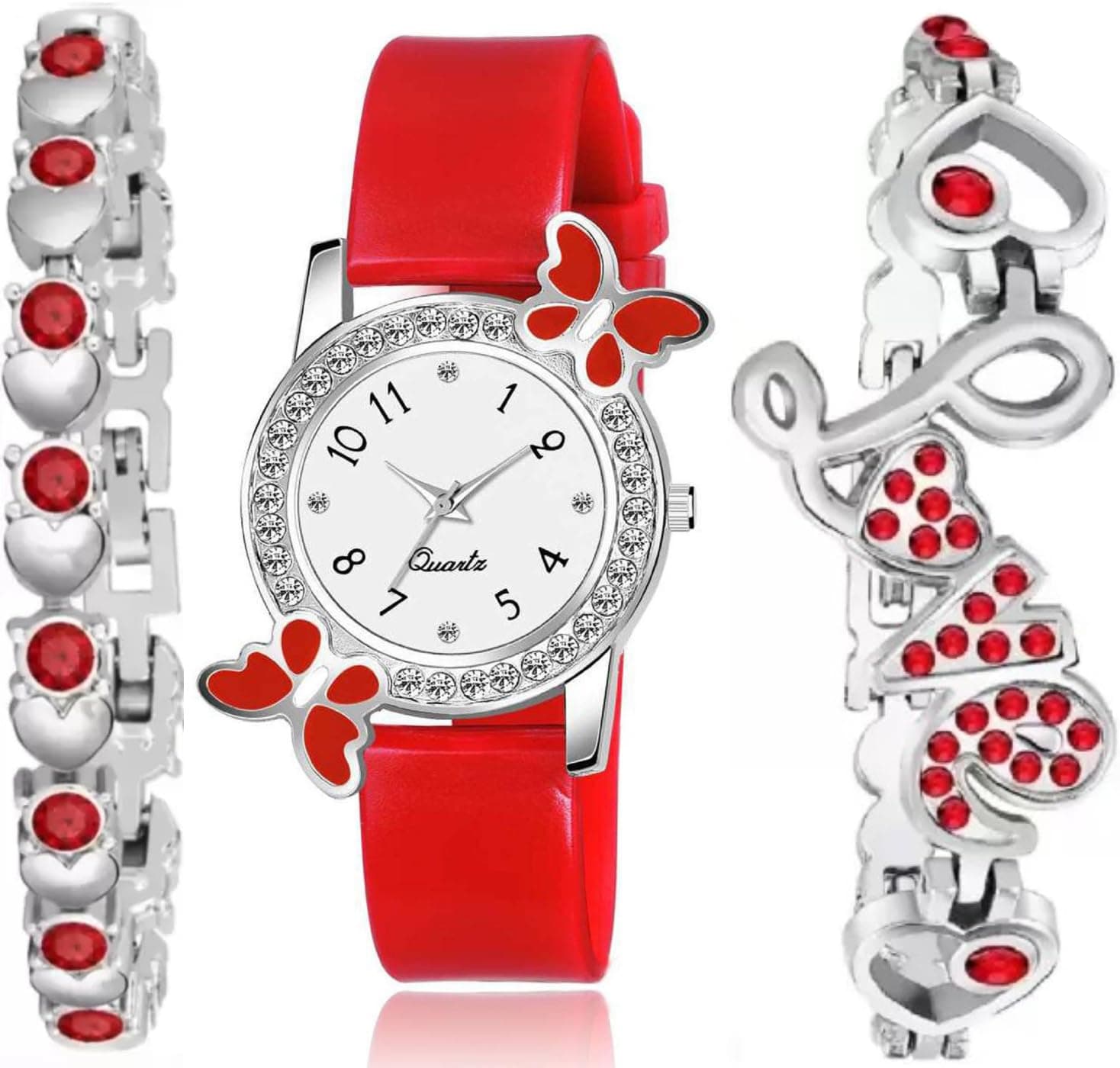 Acnos Polyurethane White Dial Diamond Red Analog Watch 2 Diamond Bracelet For Girl Best Design Butterfly Combo 3 Pack Of 3, Red Band