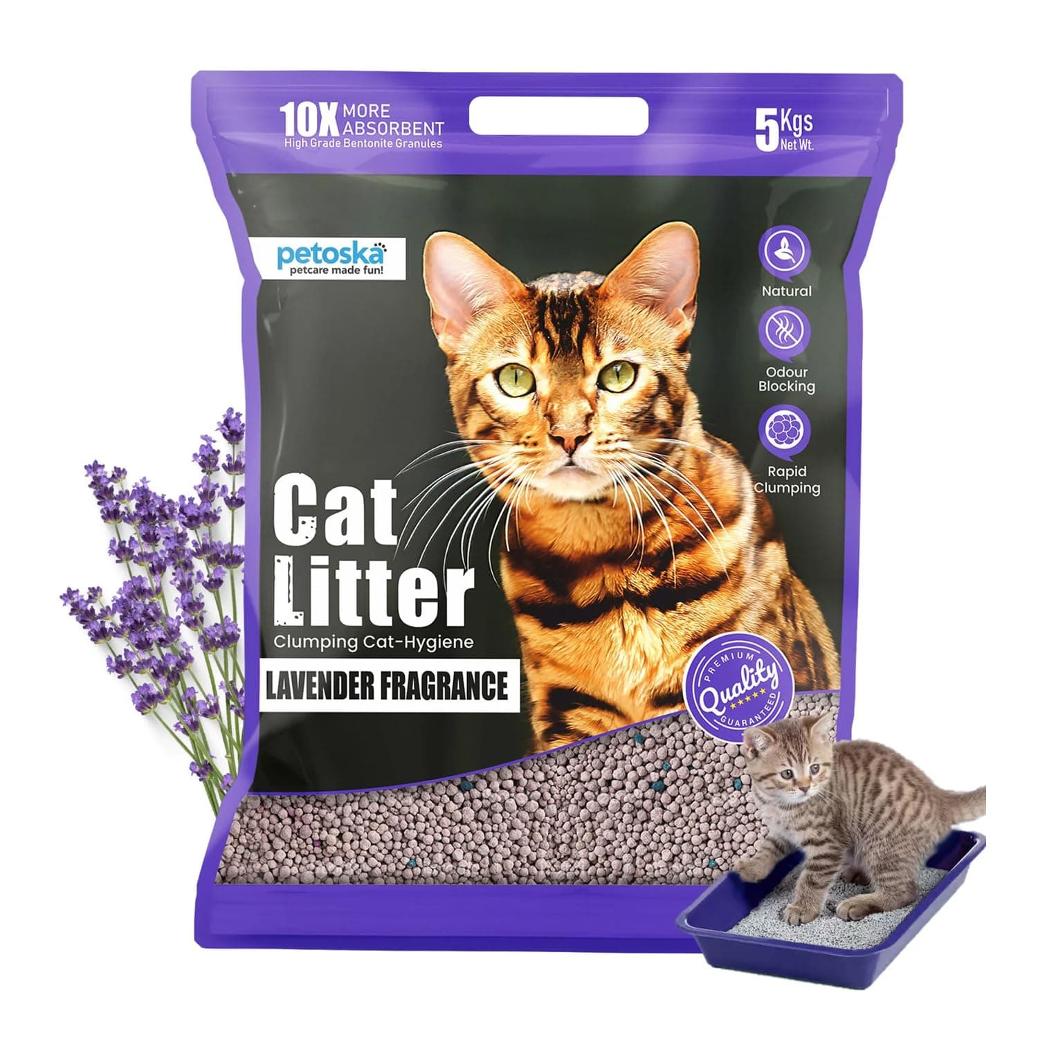 Petoska Lavender Cat Litter 5kg | 100% Natural Bentonite Clay | Clumping Cat Litter with Fast Odour Lock, Low Dust & Gentle on Paws, Premium 5kg Lavender Fragrance